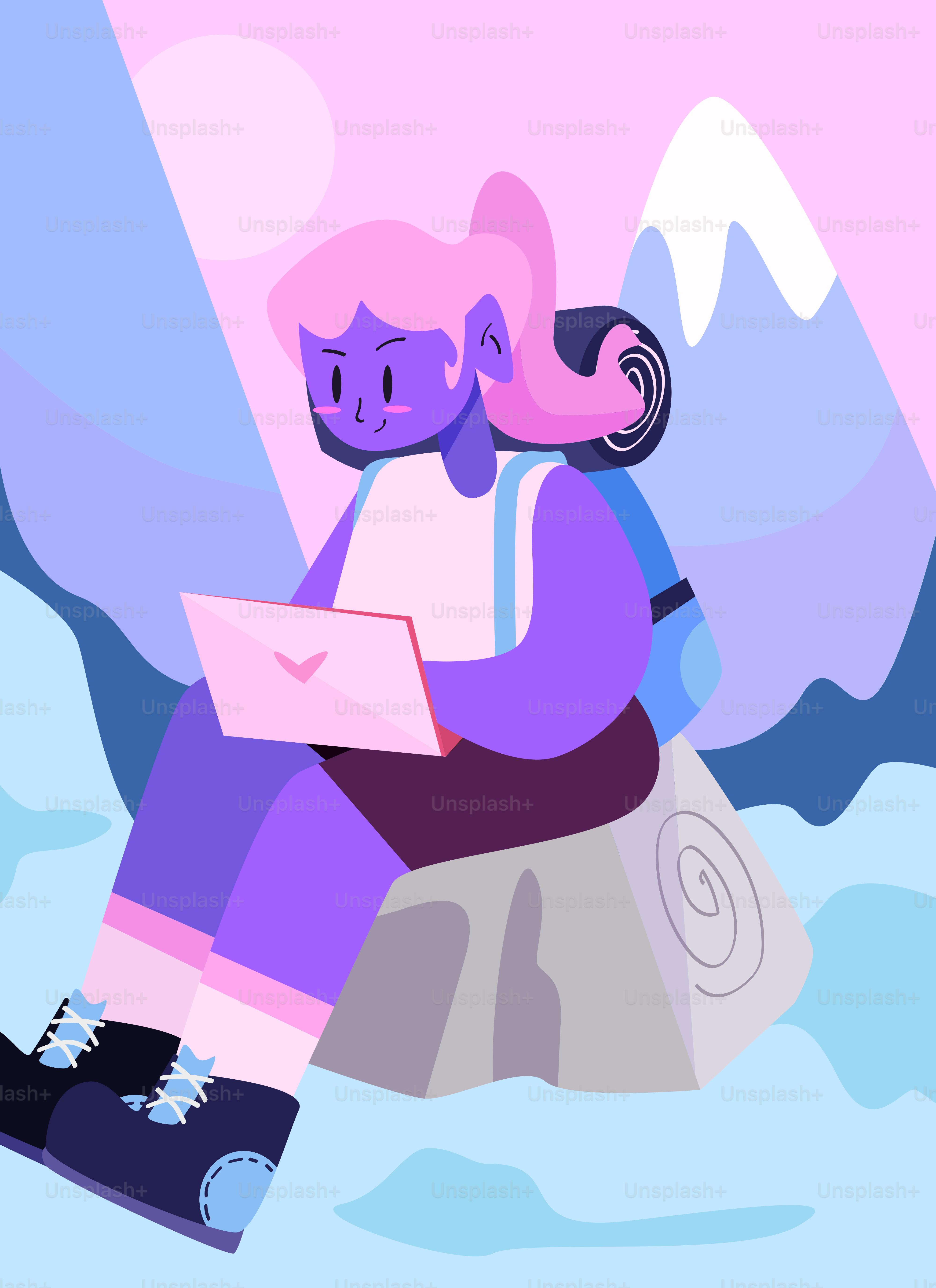 Woman with backpack using laptop in snowy mountains