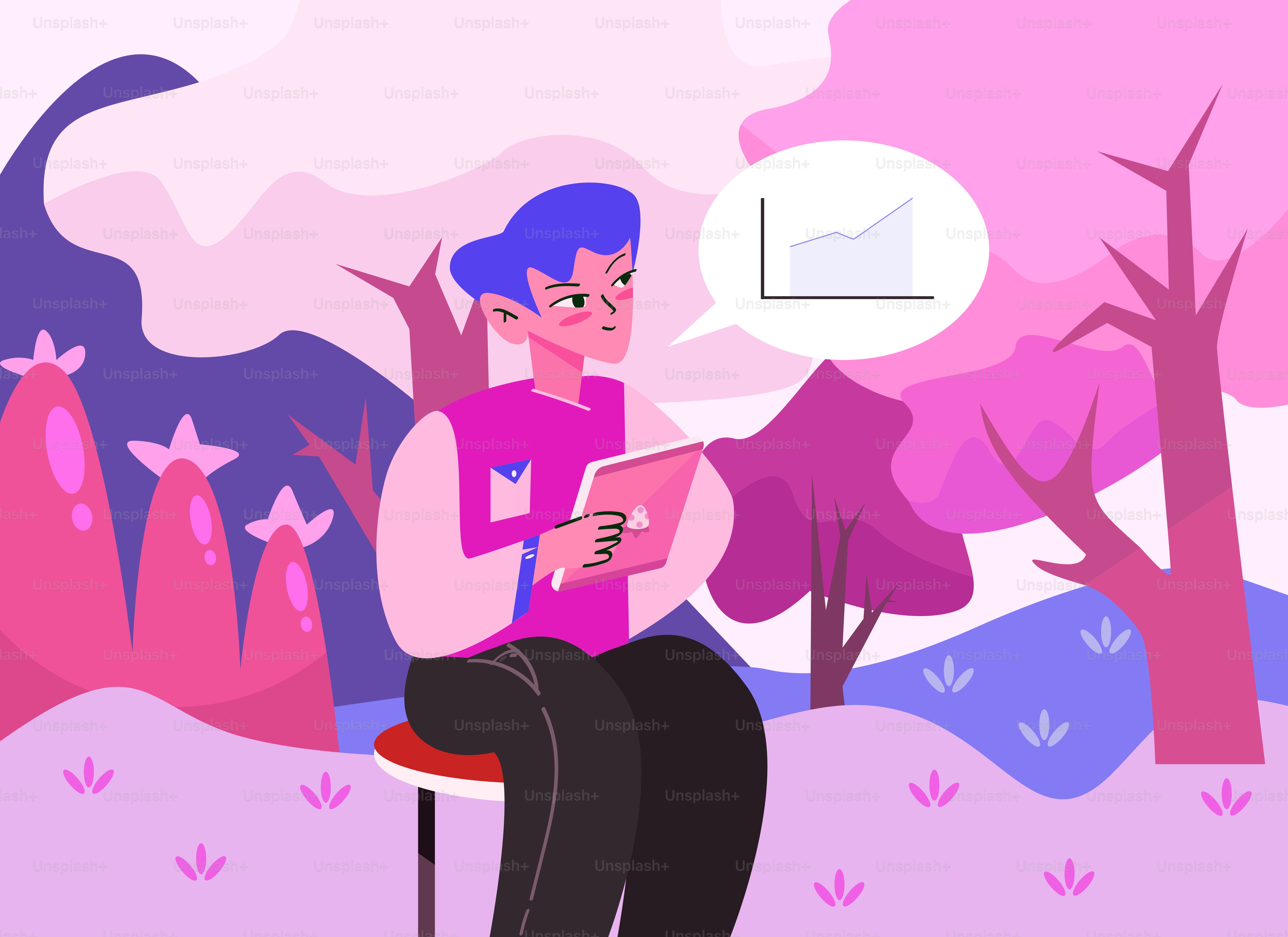 Person sitting in a park with a tablet and graph
