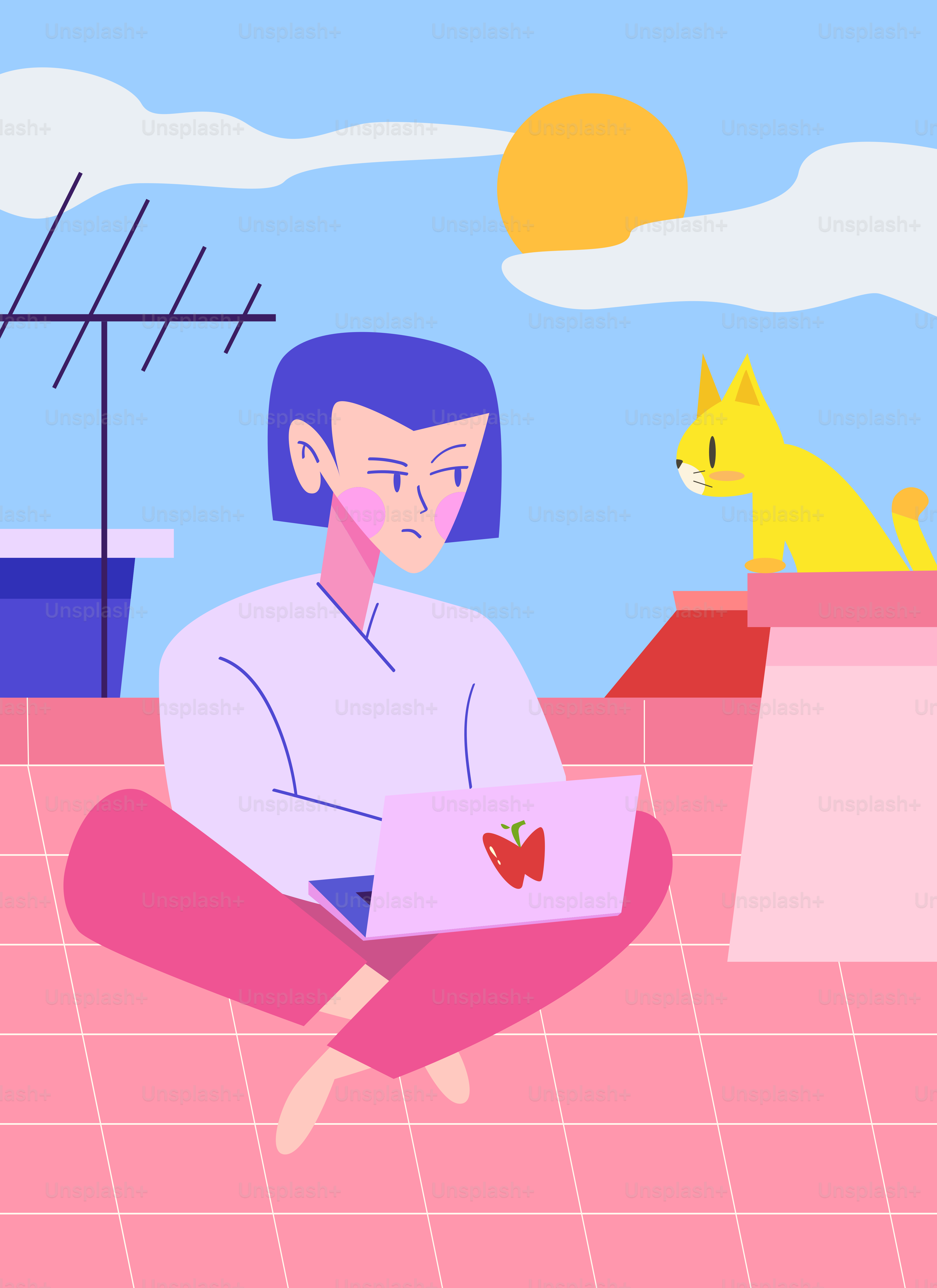 Person with laptop on rooftop with yellow cat