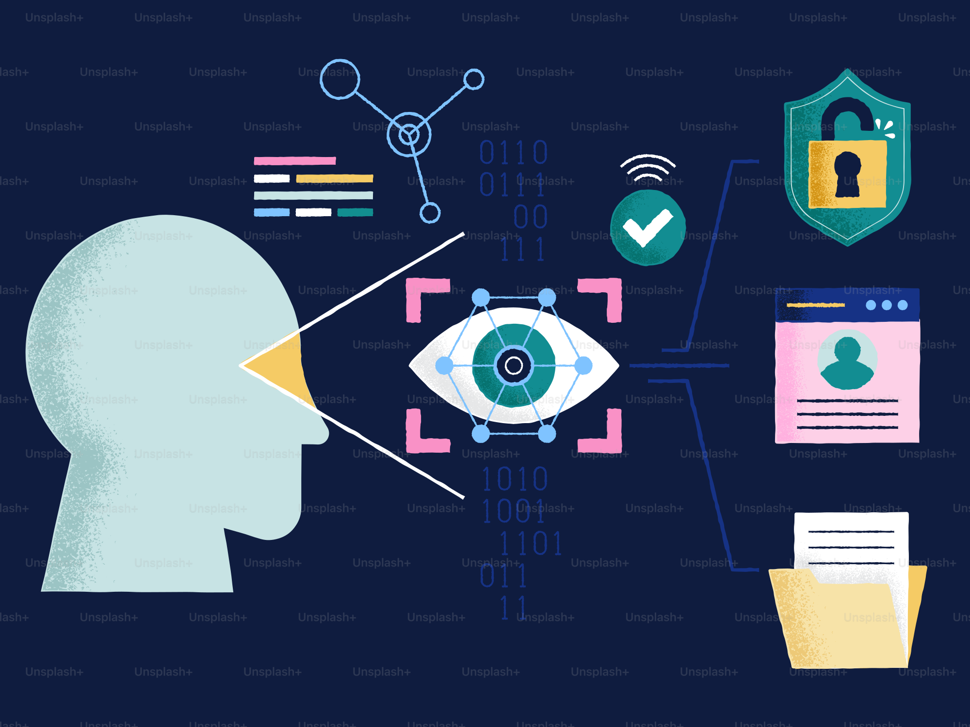 Concepto de seguridad digital con escaneo ocular y protección de datos.
