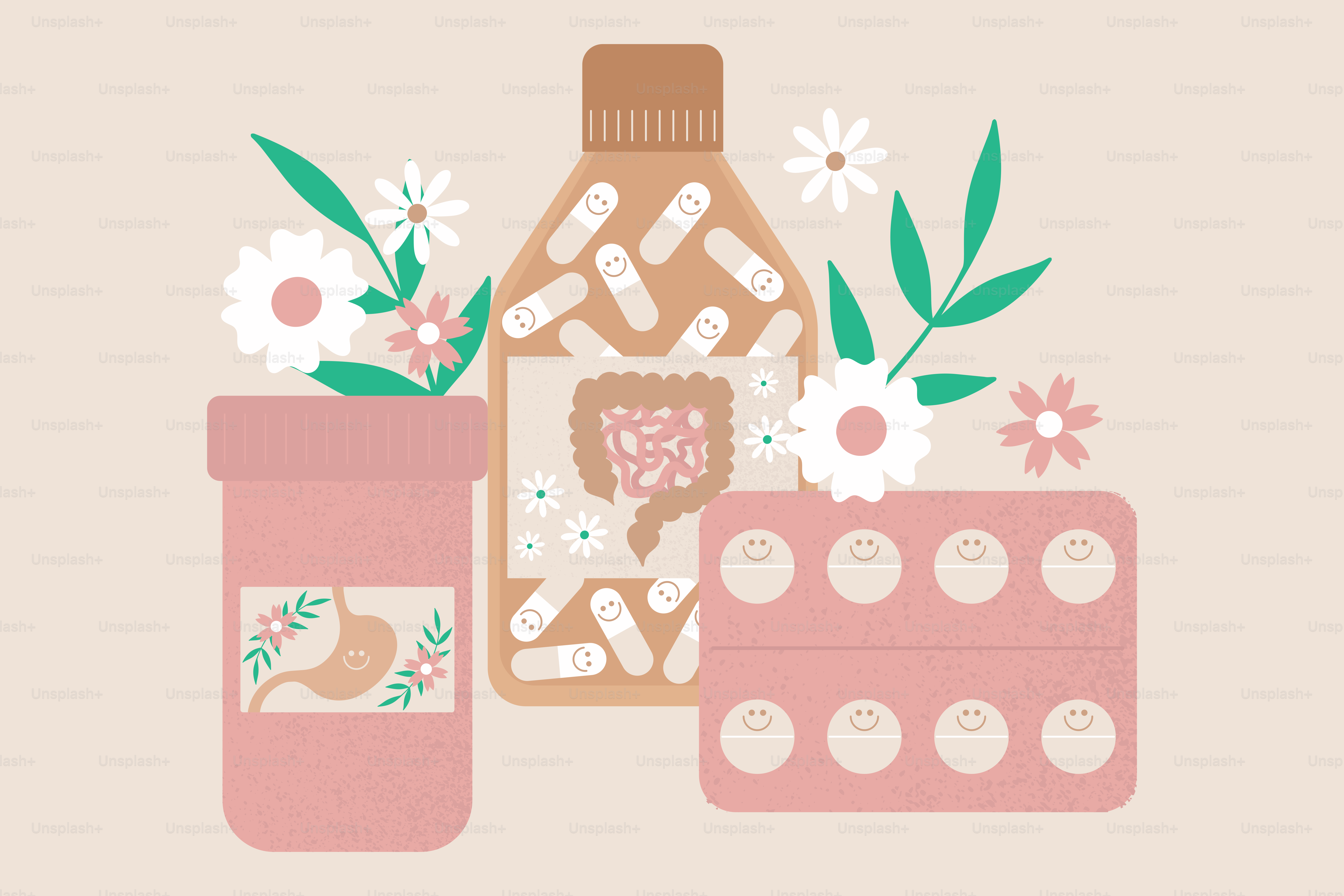 Medication bottles and blister pack with flowers and plants