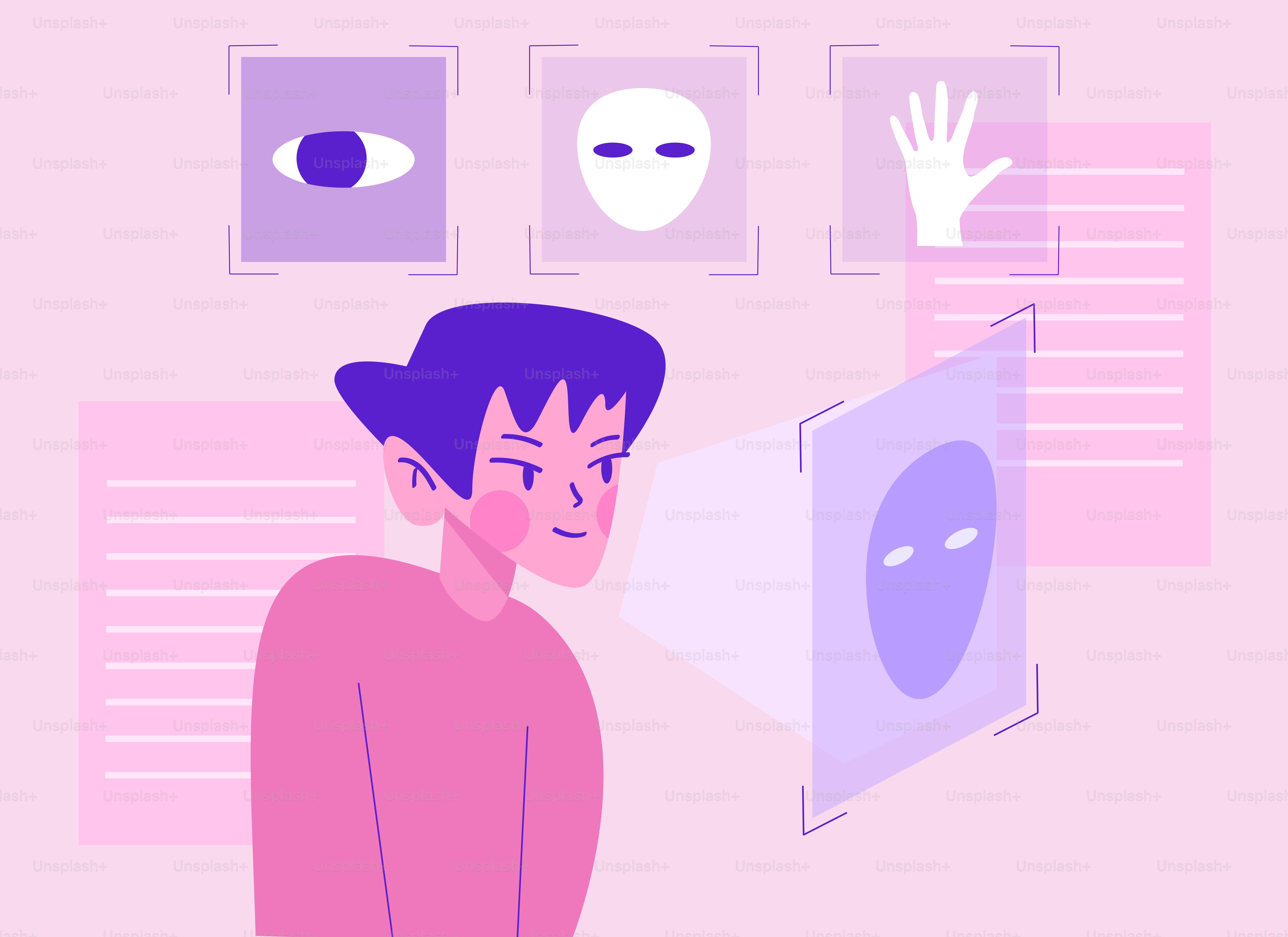 Person interacting with digital interface showing facial recognition data