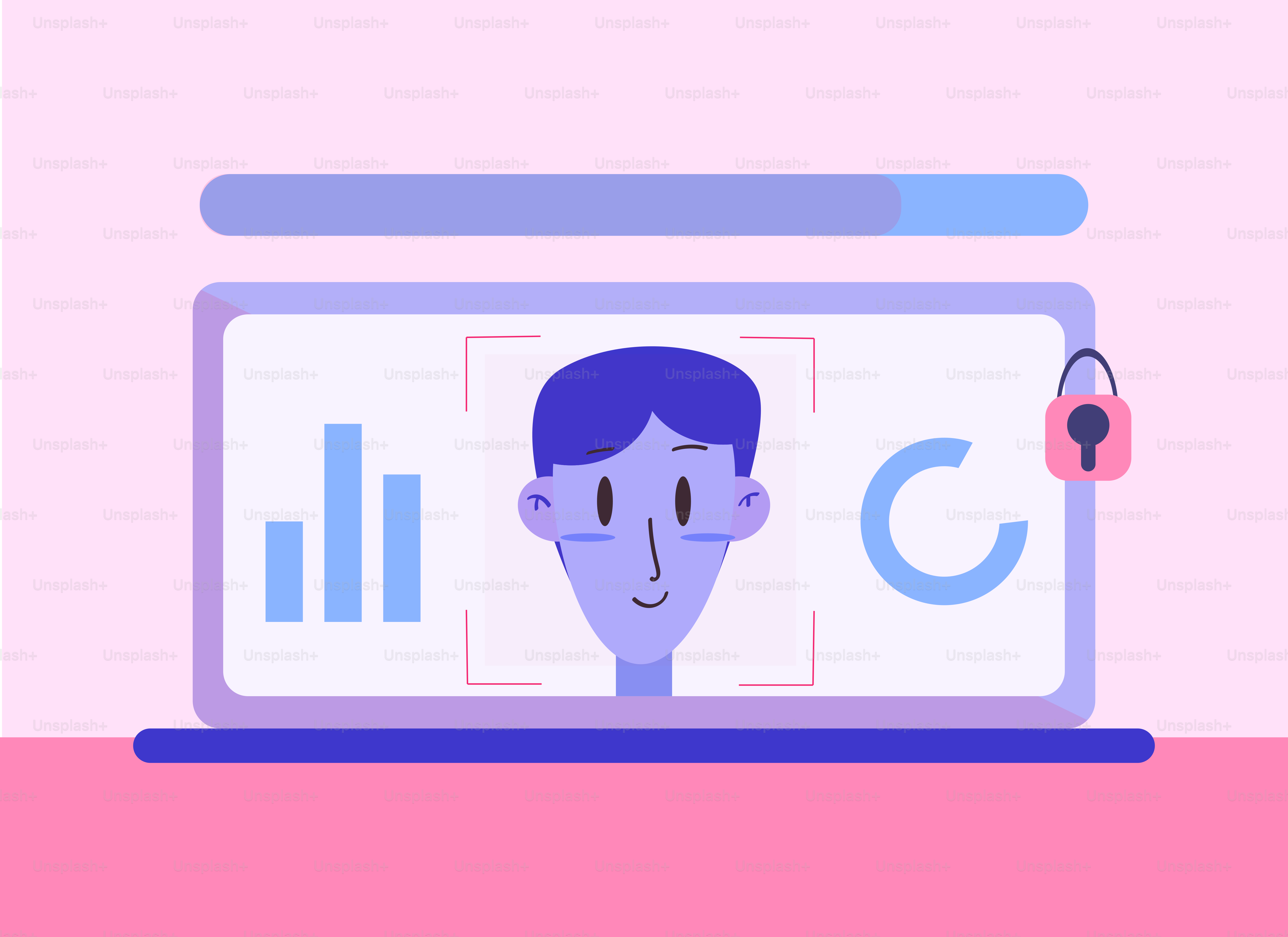 Der Laptop-Bildschirm zeigt Facescan mit Diagrammen und Sperren an