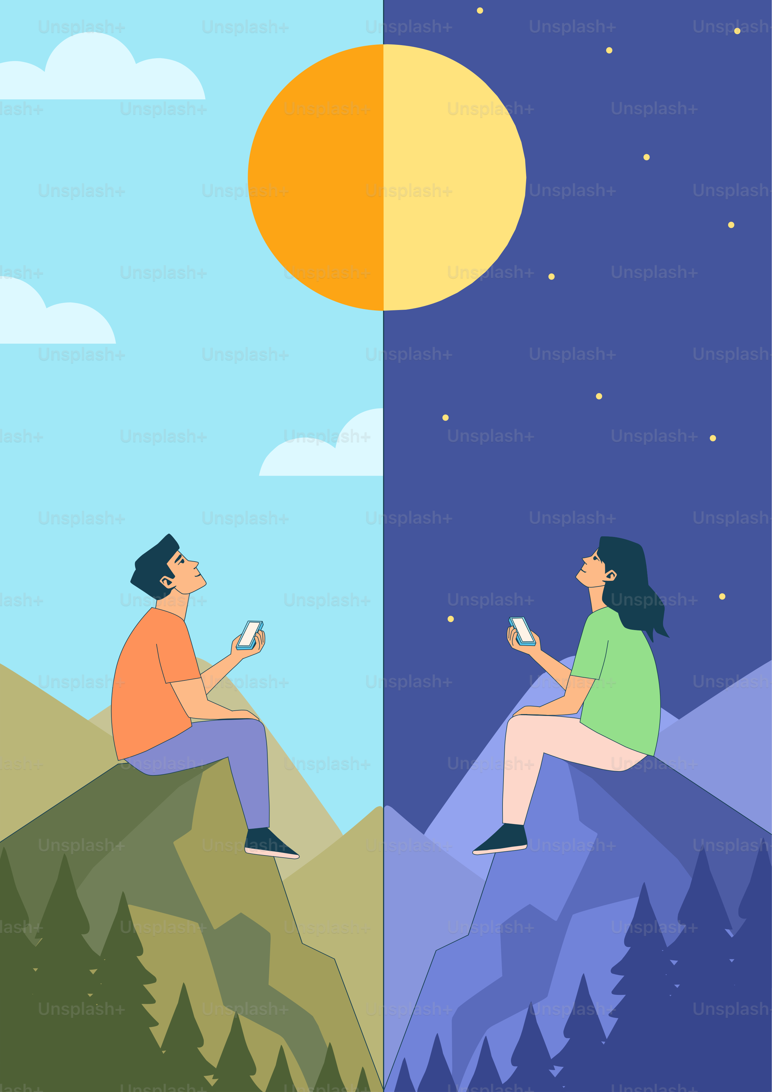 Persone che guardano i telefoni sulle montagne, giorno e notte