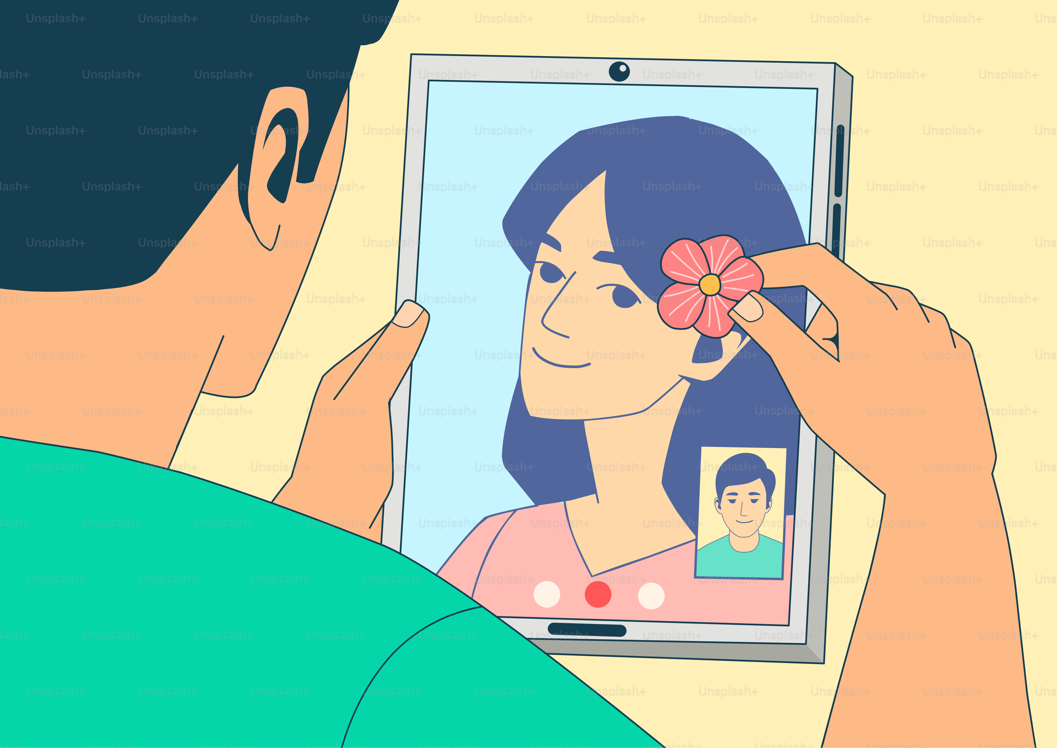 Uomo che fa una videochiamata a una donna con un fiore