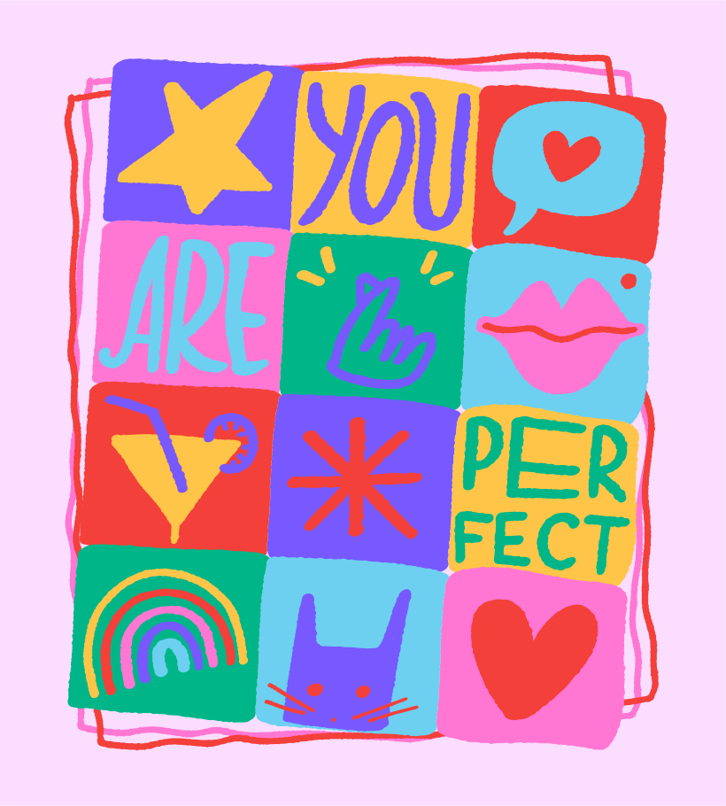 Buntes Raster mit Worten und Symbolen, die sagen, dass du perfekt bist