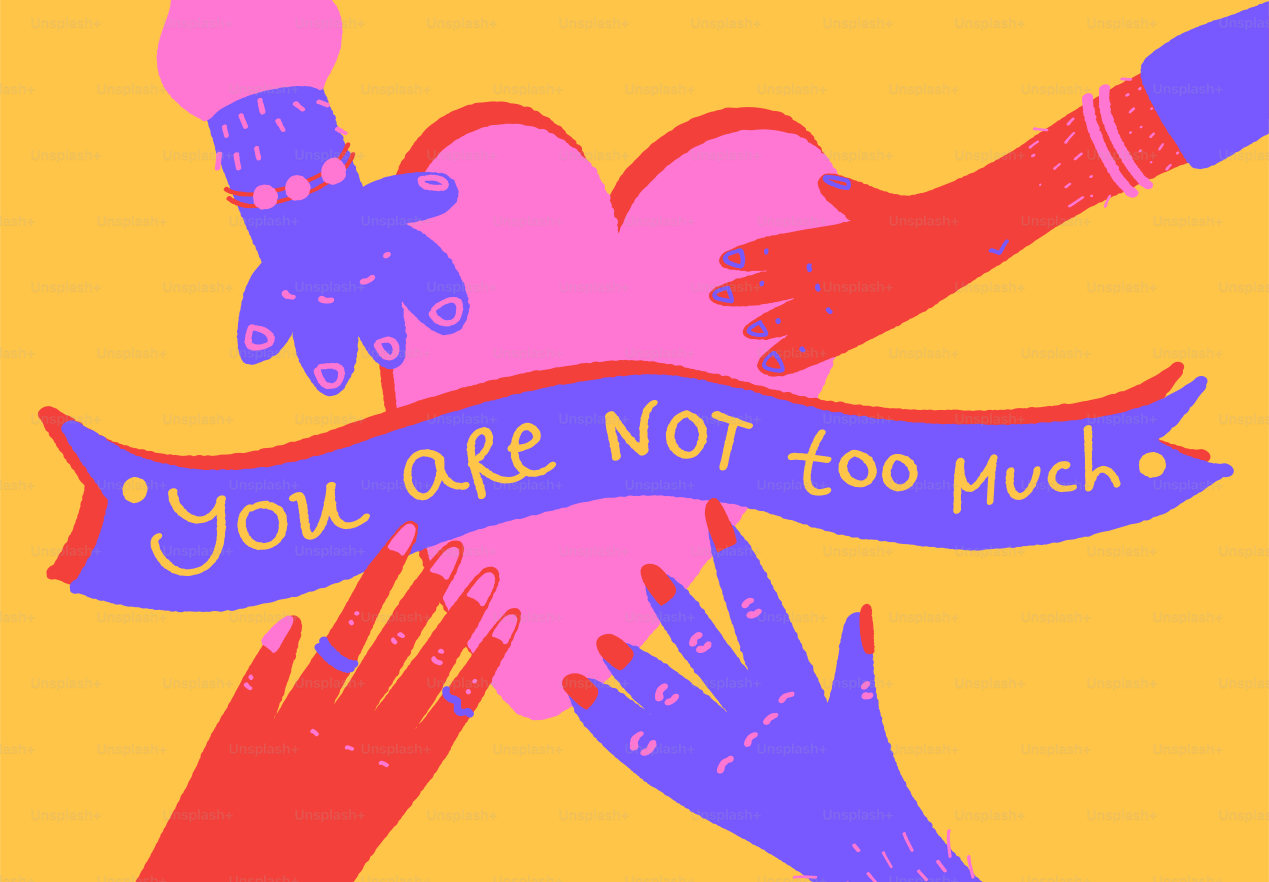 Hands reaching for a heart with a banner.