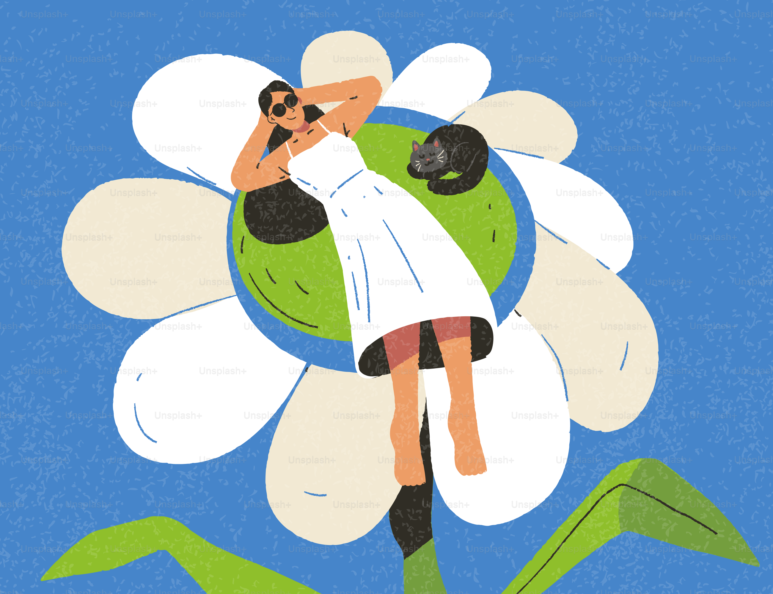 Woman relaxing on a giant flower with a cat