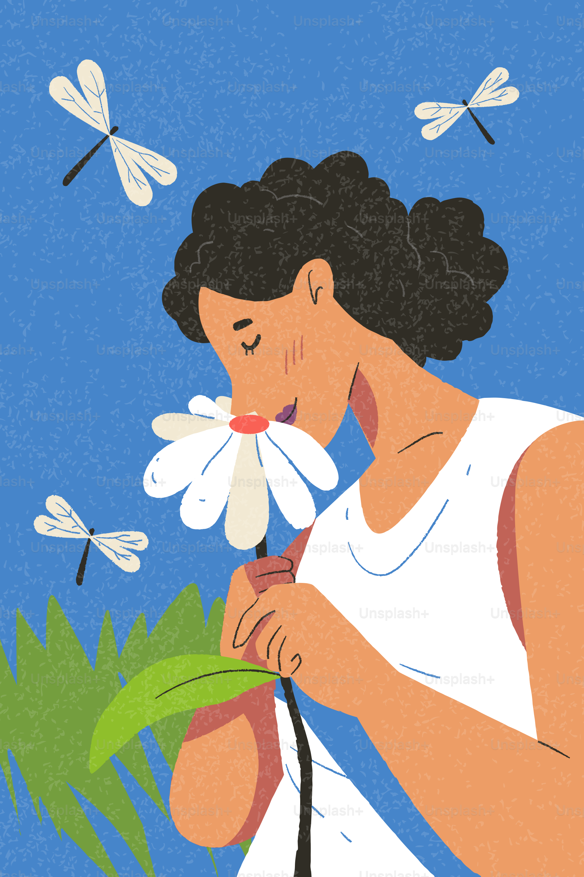 A woman smells a daisy with dragonflies flying around.
