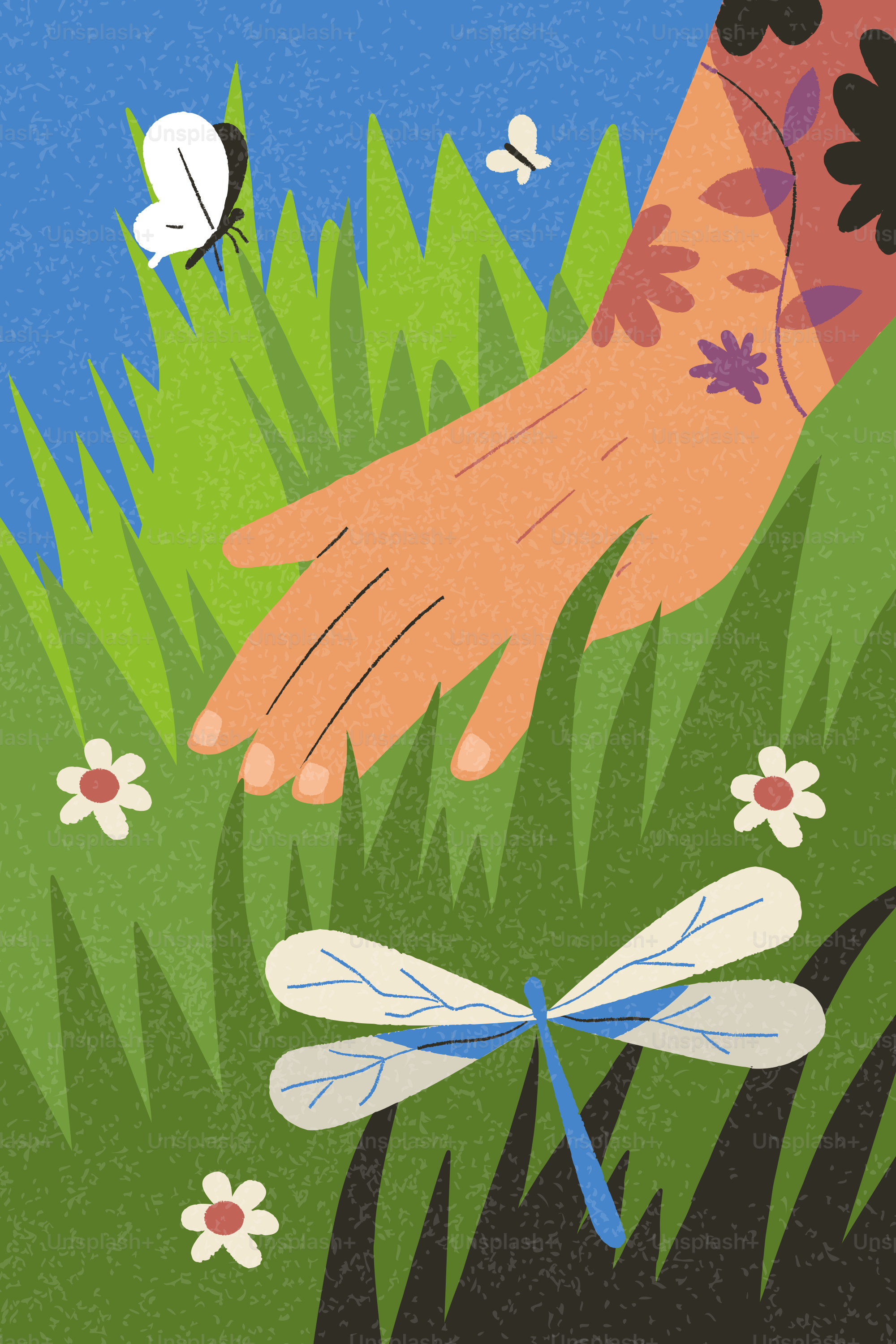 A hand reaches towards a dragonfly in grassy field.