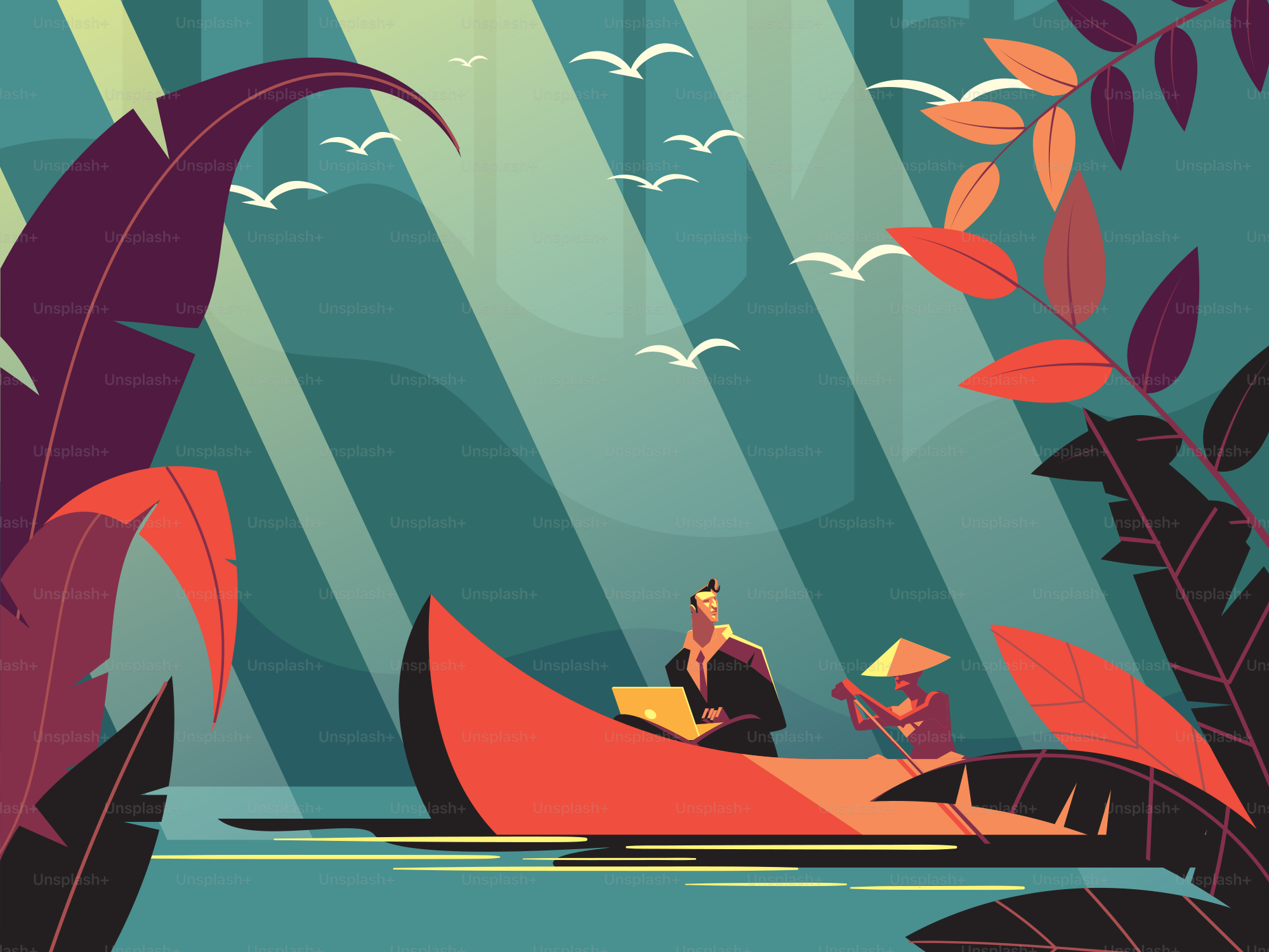 강 위의 카누를 탄 두 사람