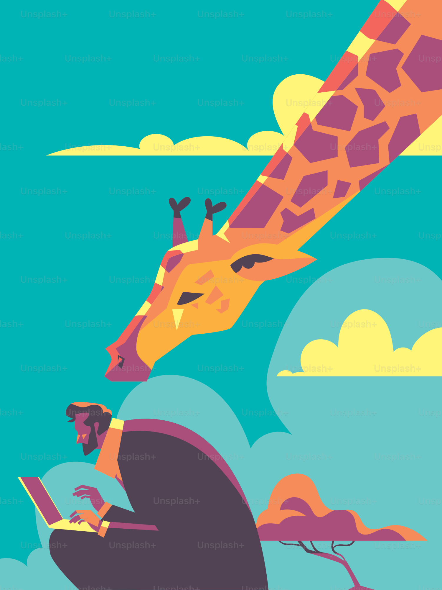 노트북 앞의 남자가 기린 머리를 올려다보고 있다