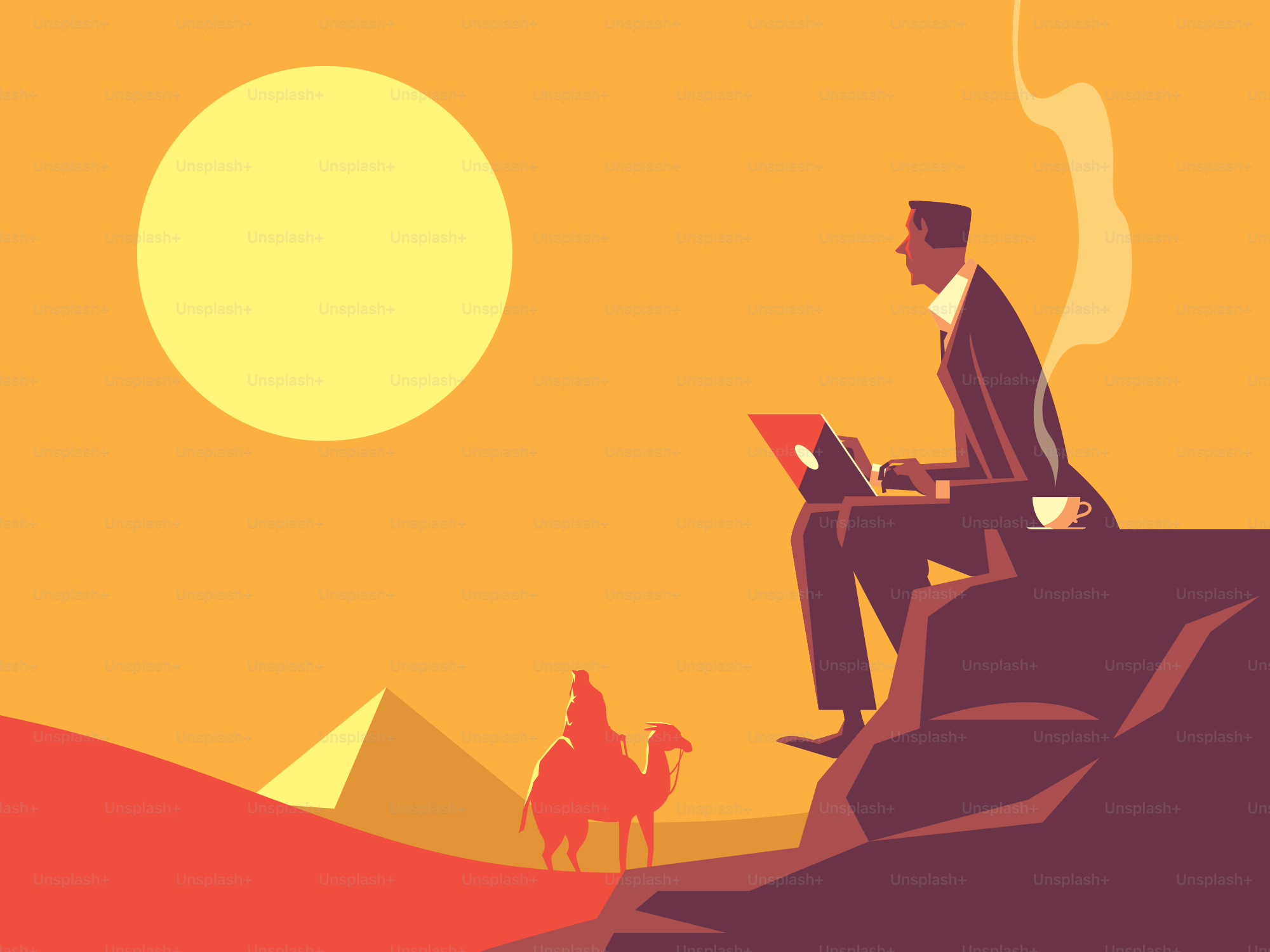 사막에서 노트북을 들고 피라미드와 낙타가 있는 남자.