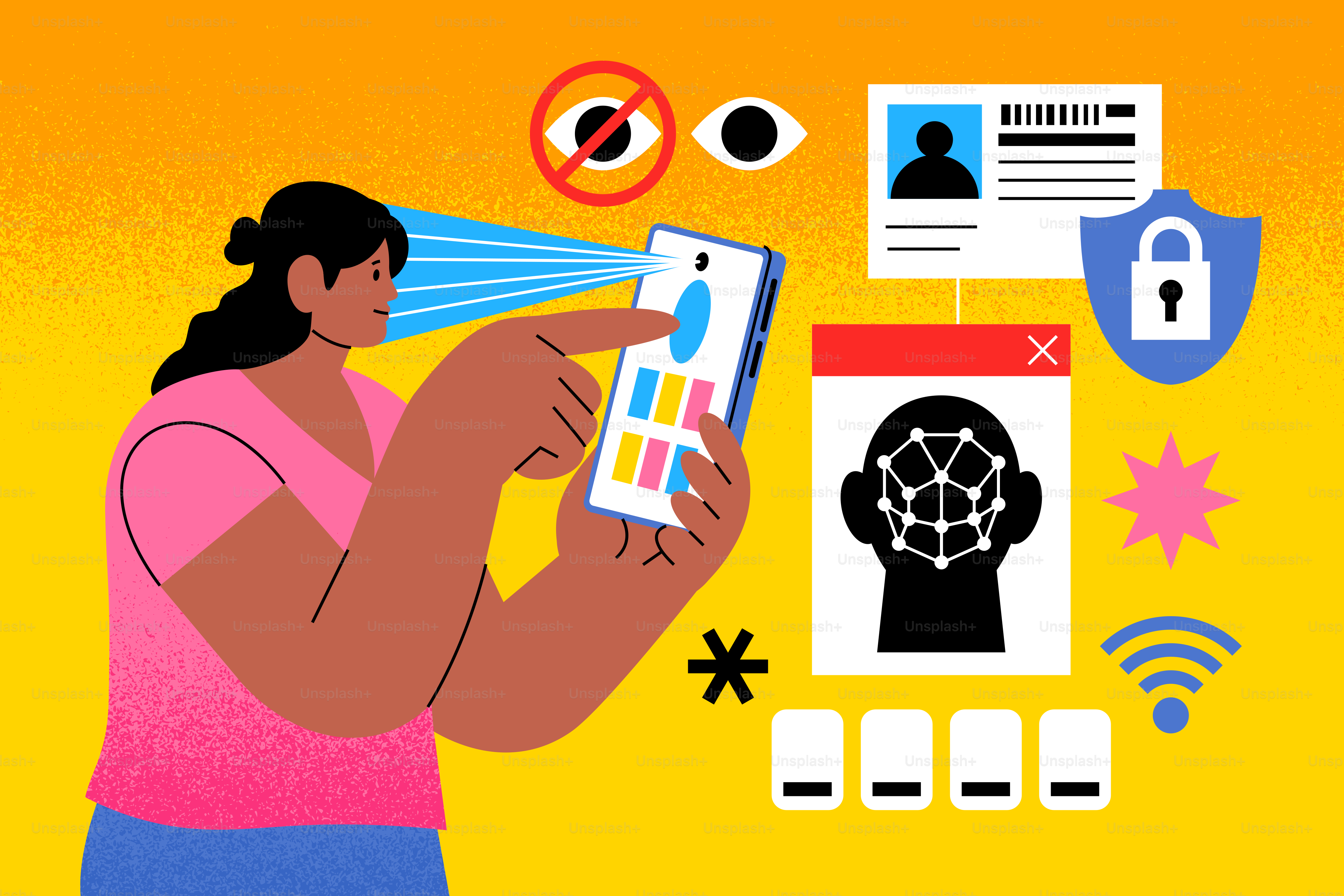 Mujer usando reconocimiento facial en un smartphone para seguridad
