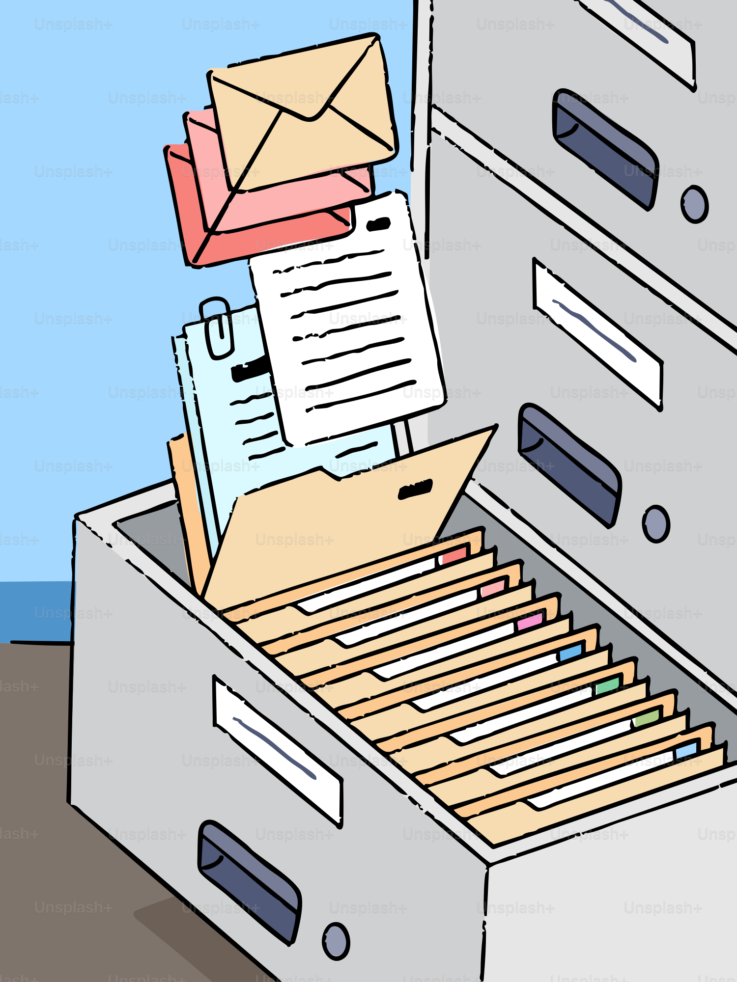 Archivador rebosante de documentos y sobres.