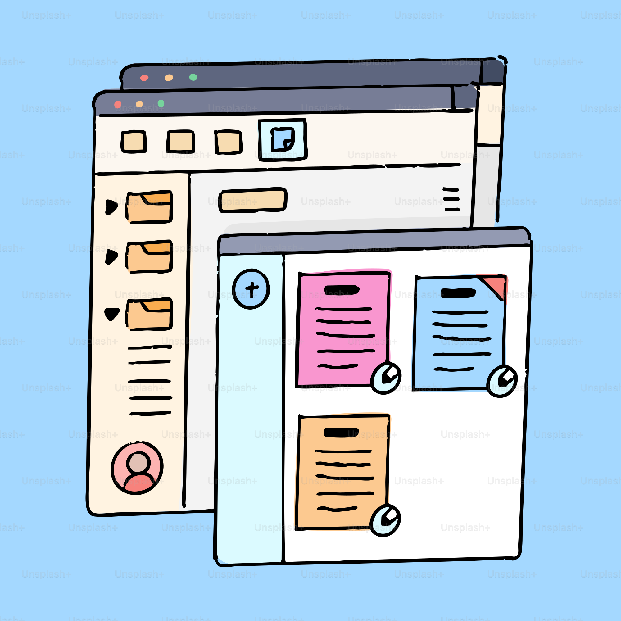 Interfaz digital con notas adhesivas y carpetas