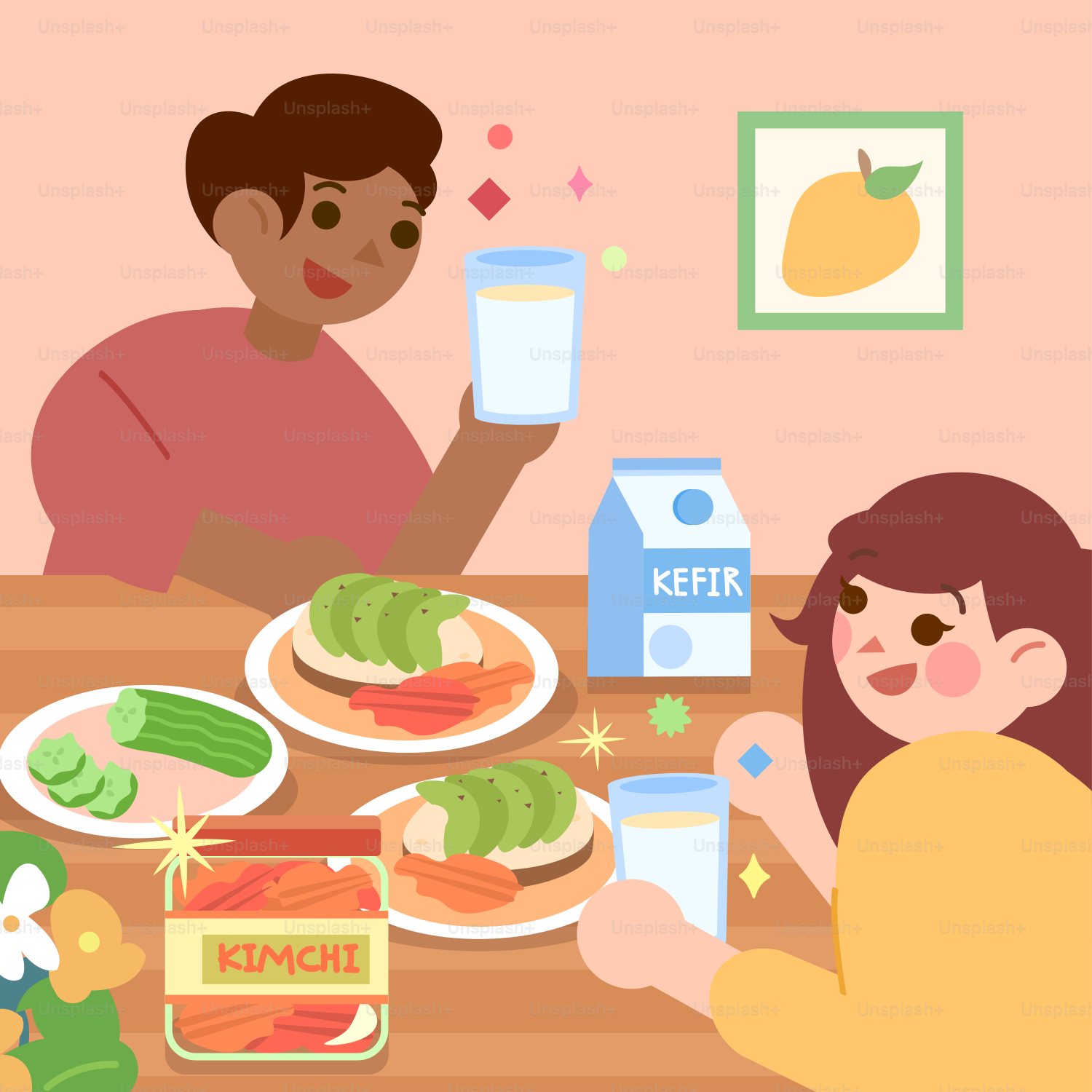 二人が健康的な食事とケフィアを楽しんでいます