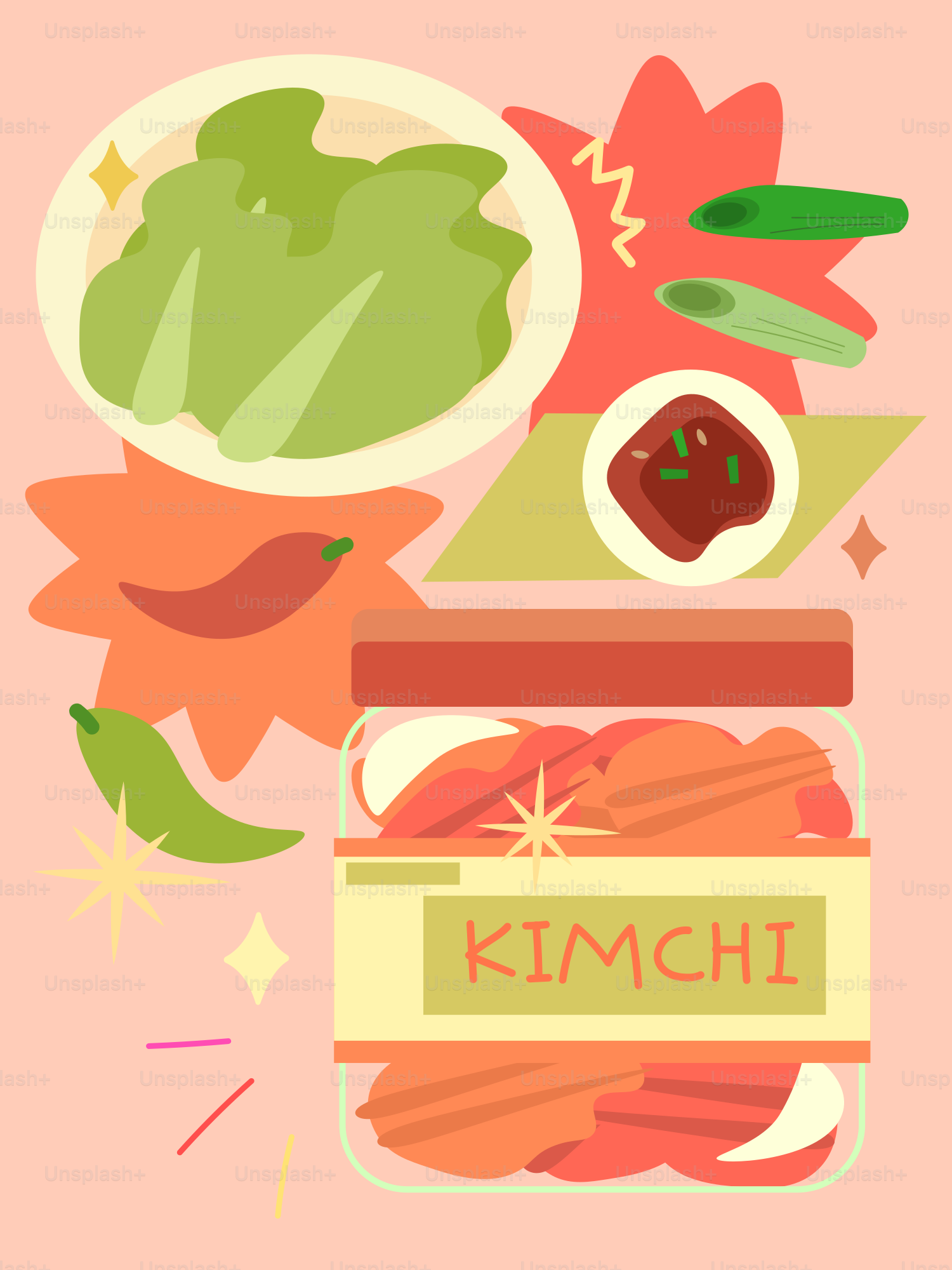 Tarro de kimchi con lechuga y guindillas