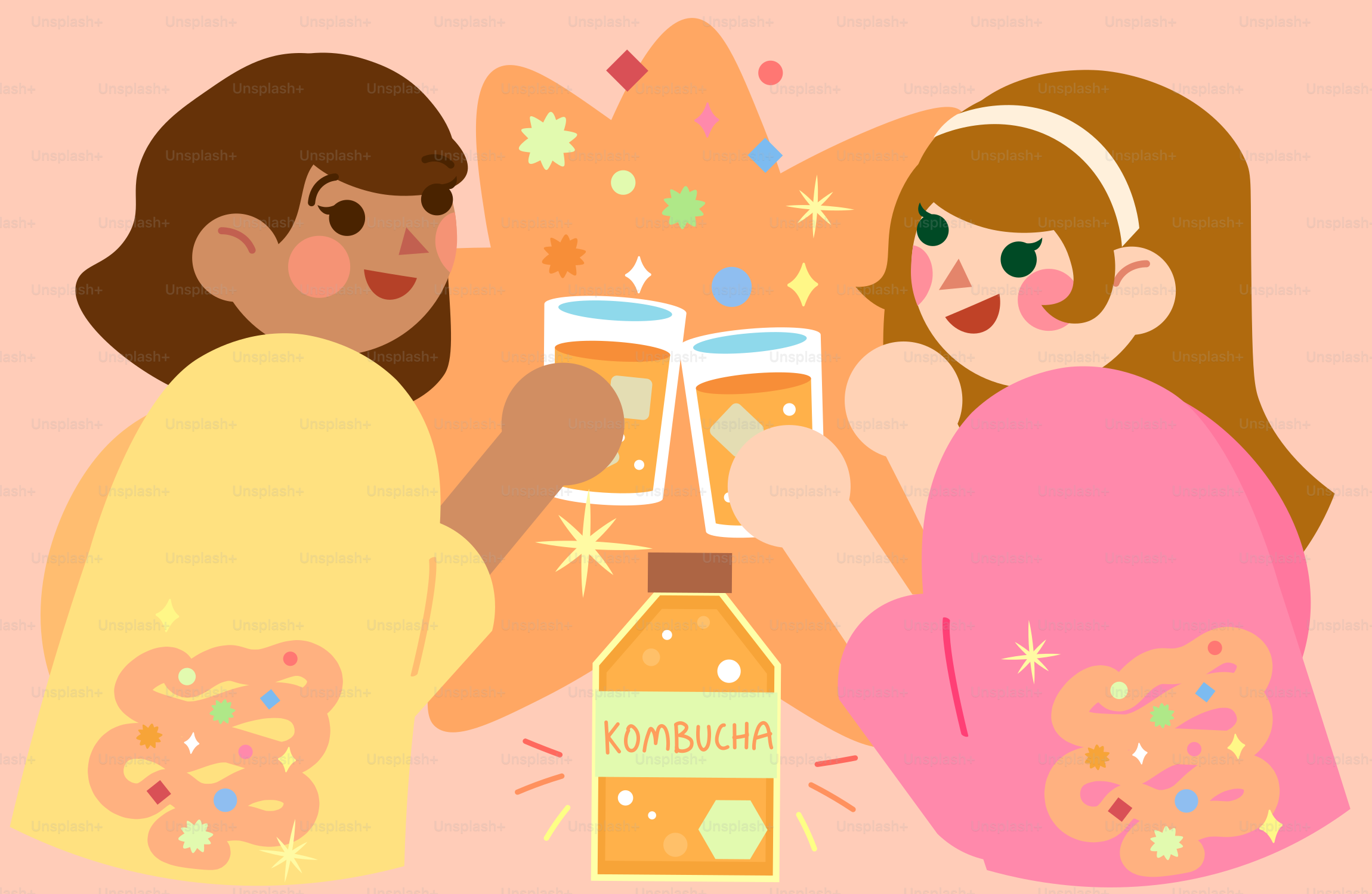 コンブチャを飲みながら乾杯する二人の女性