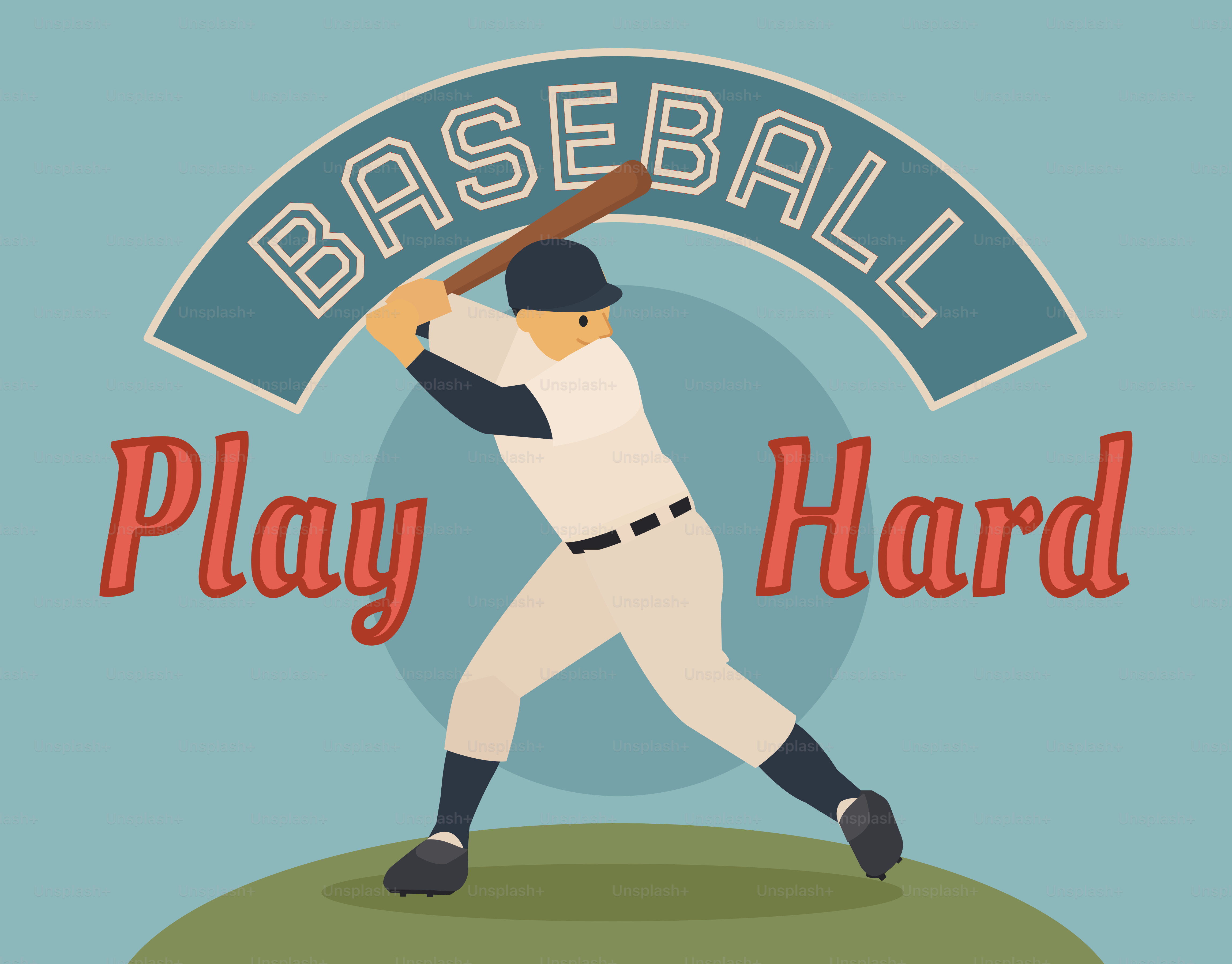 Baseball player swinging bat with text play hard
