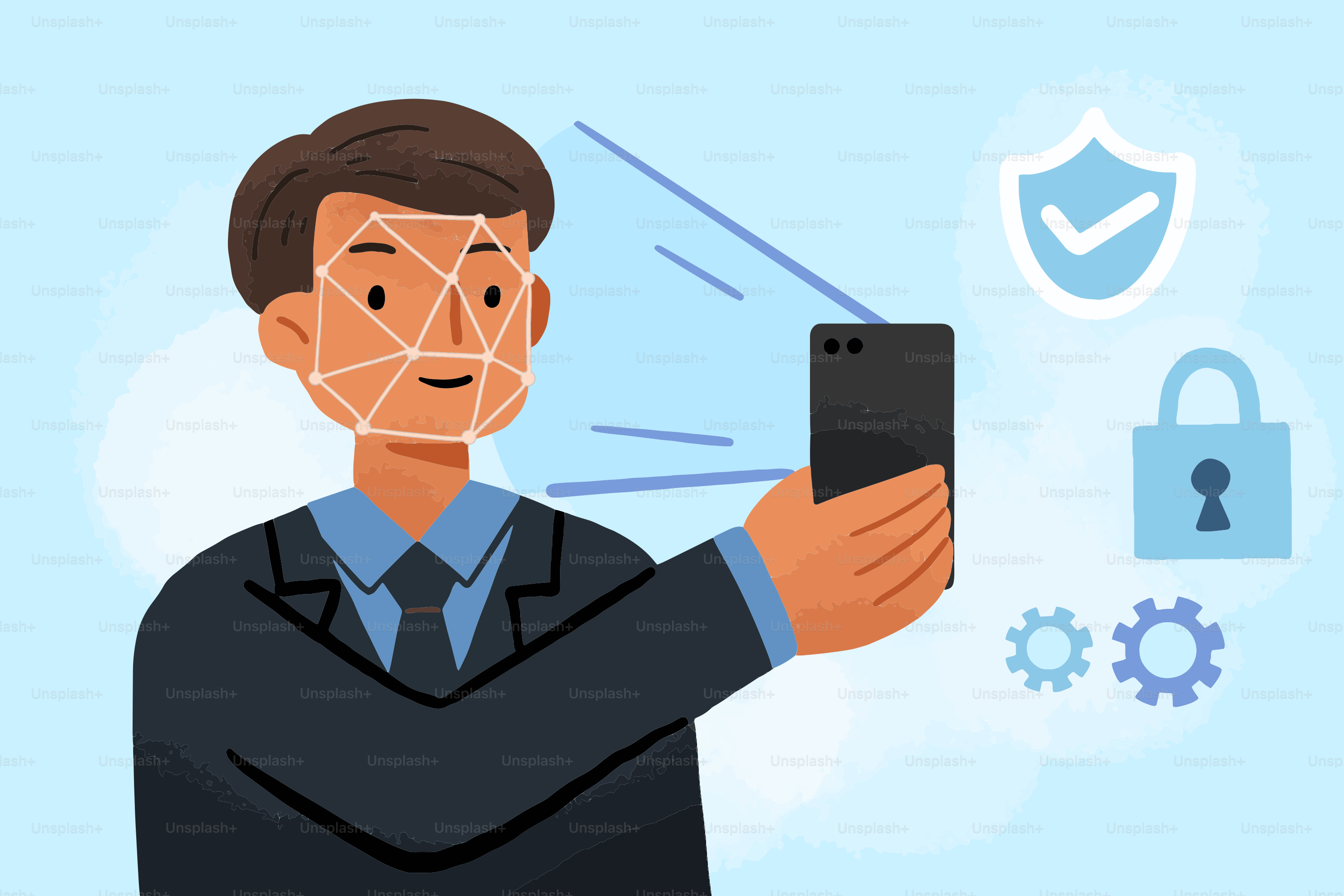 Uomo usa il telefono per la sicurezza del riconoscimento facciale