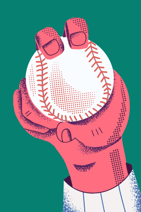 Hand hält einen Baseball mit Stichen