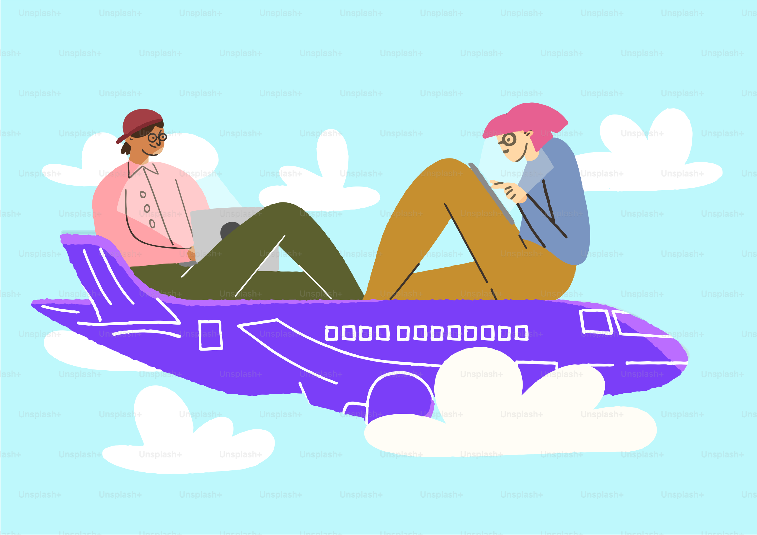 Duas pessoas em um avião roxo voando por cima das nuvens