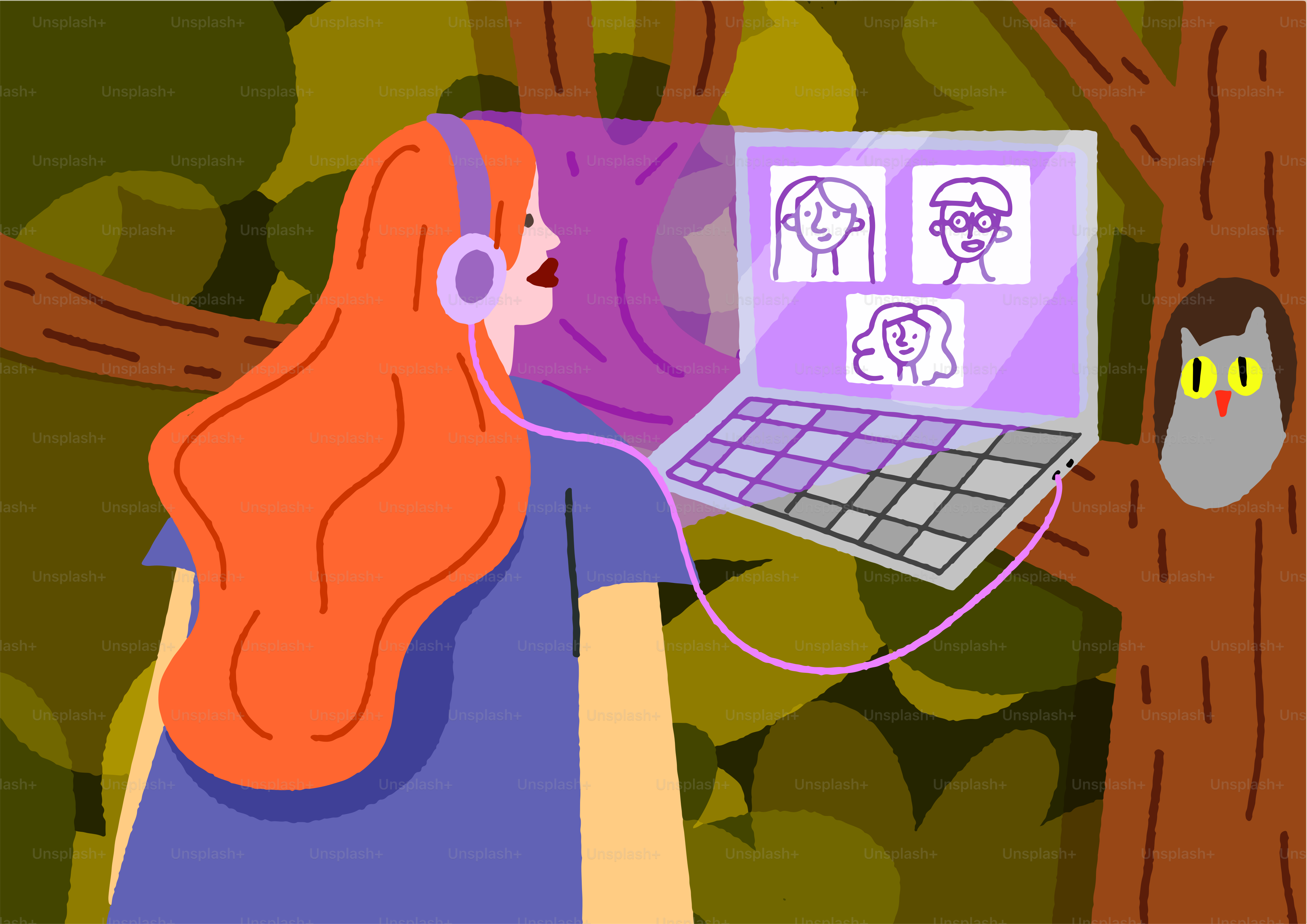 Mulher em videochamada com três pessoas em uma floresta.