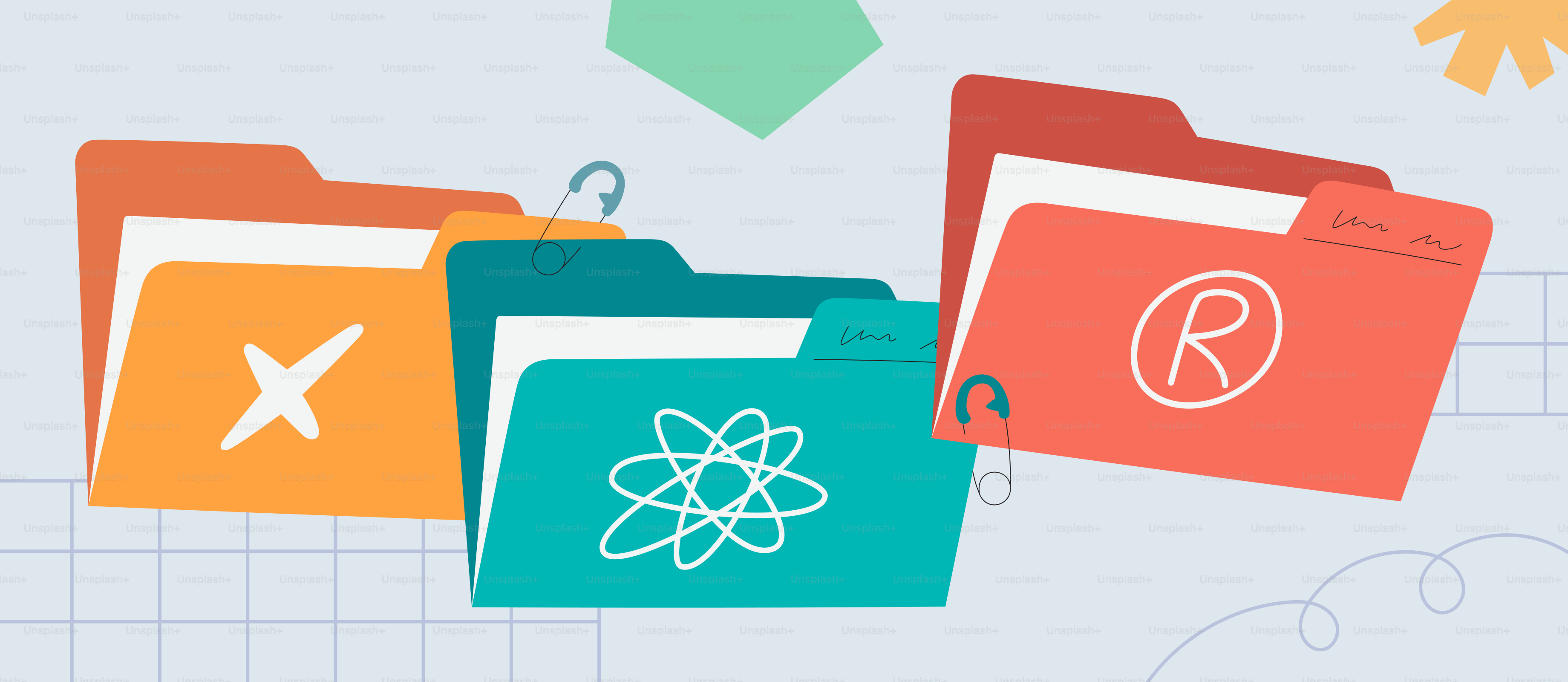 Trois dossiers avec des icônes pour React, avion et R.