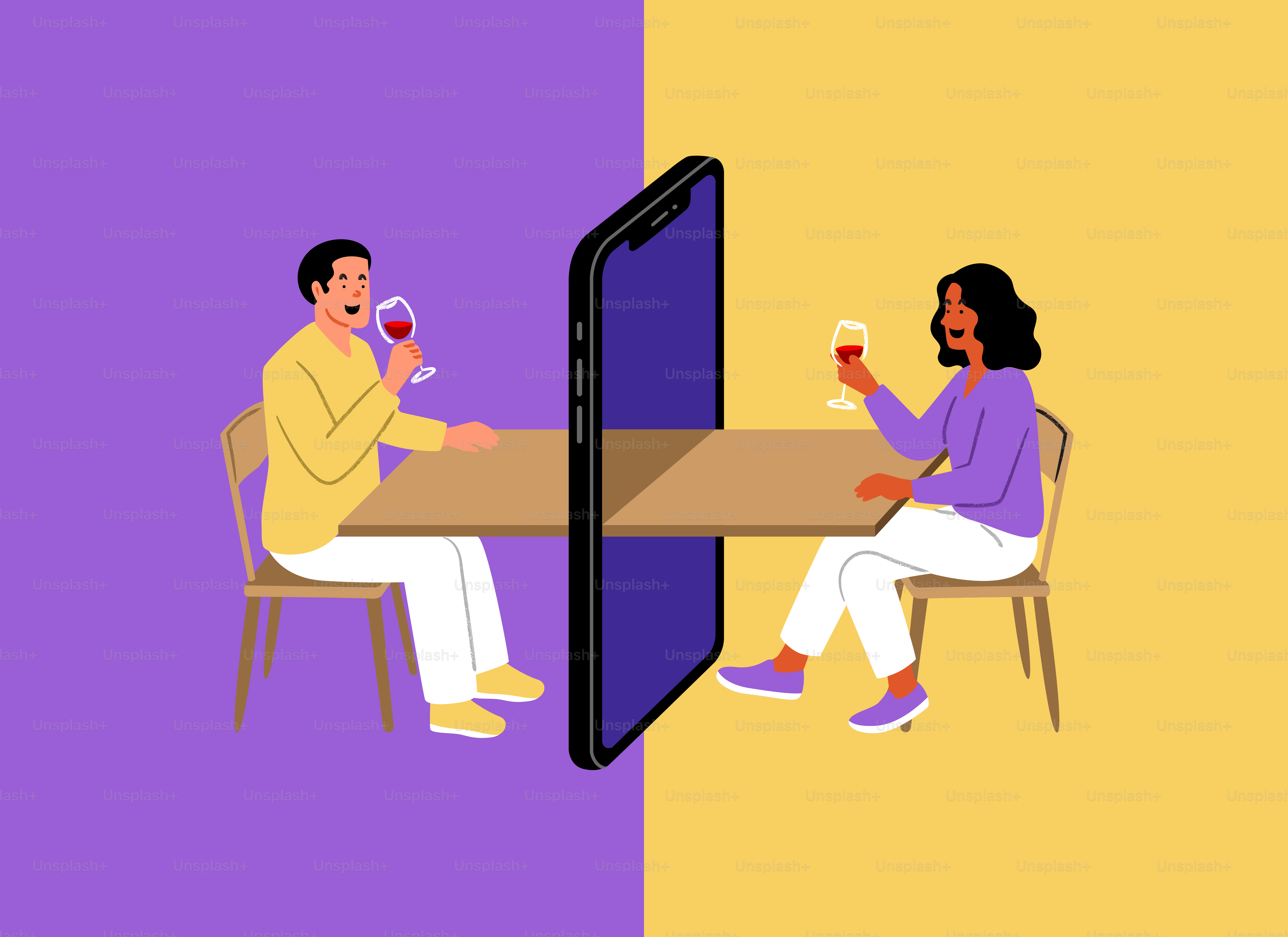 Coppia che fa una serata virtuale con vino