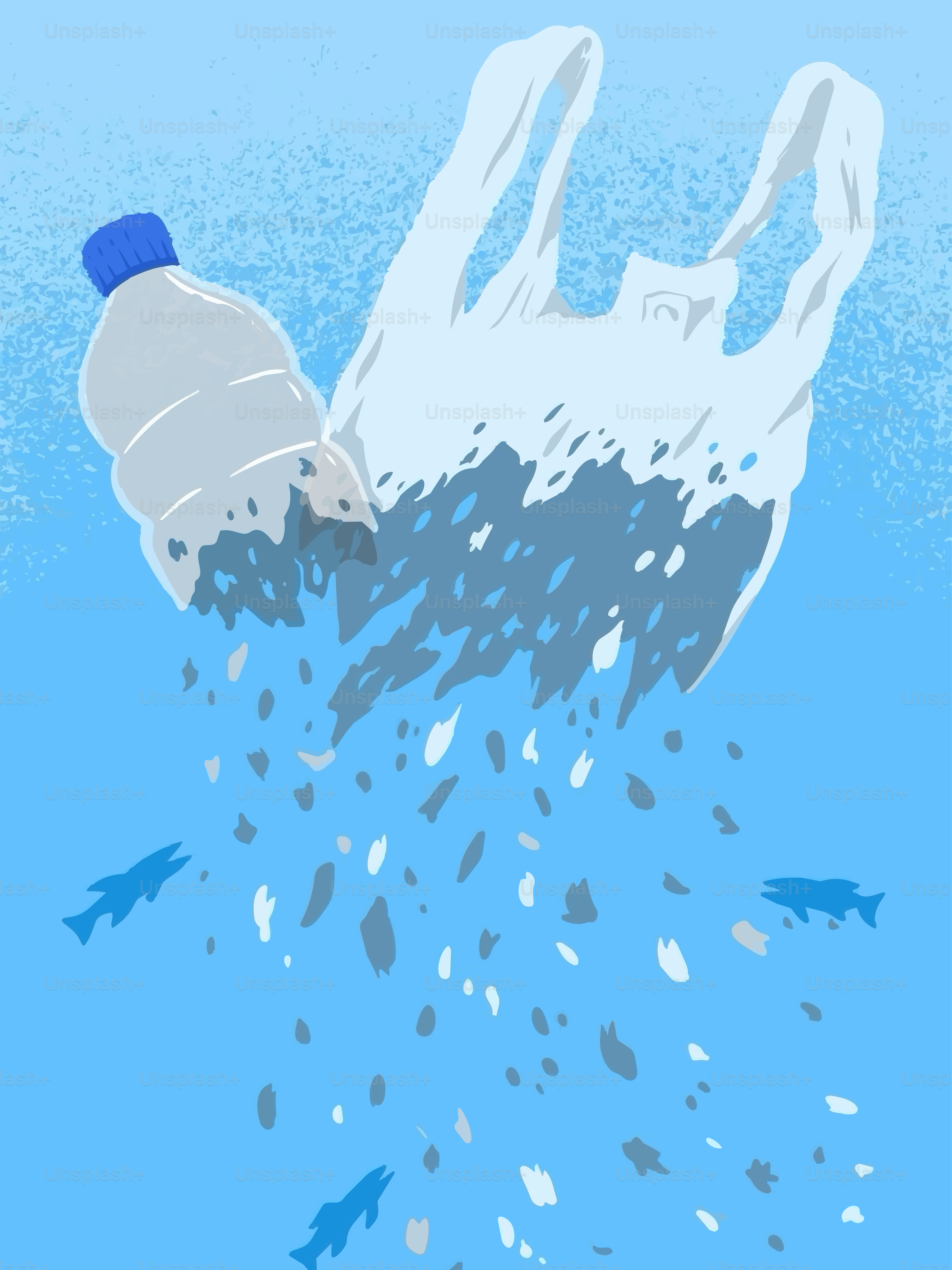 Plastic bag and bottle polluting ocean with fish.