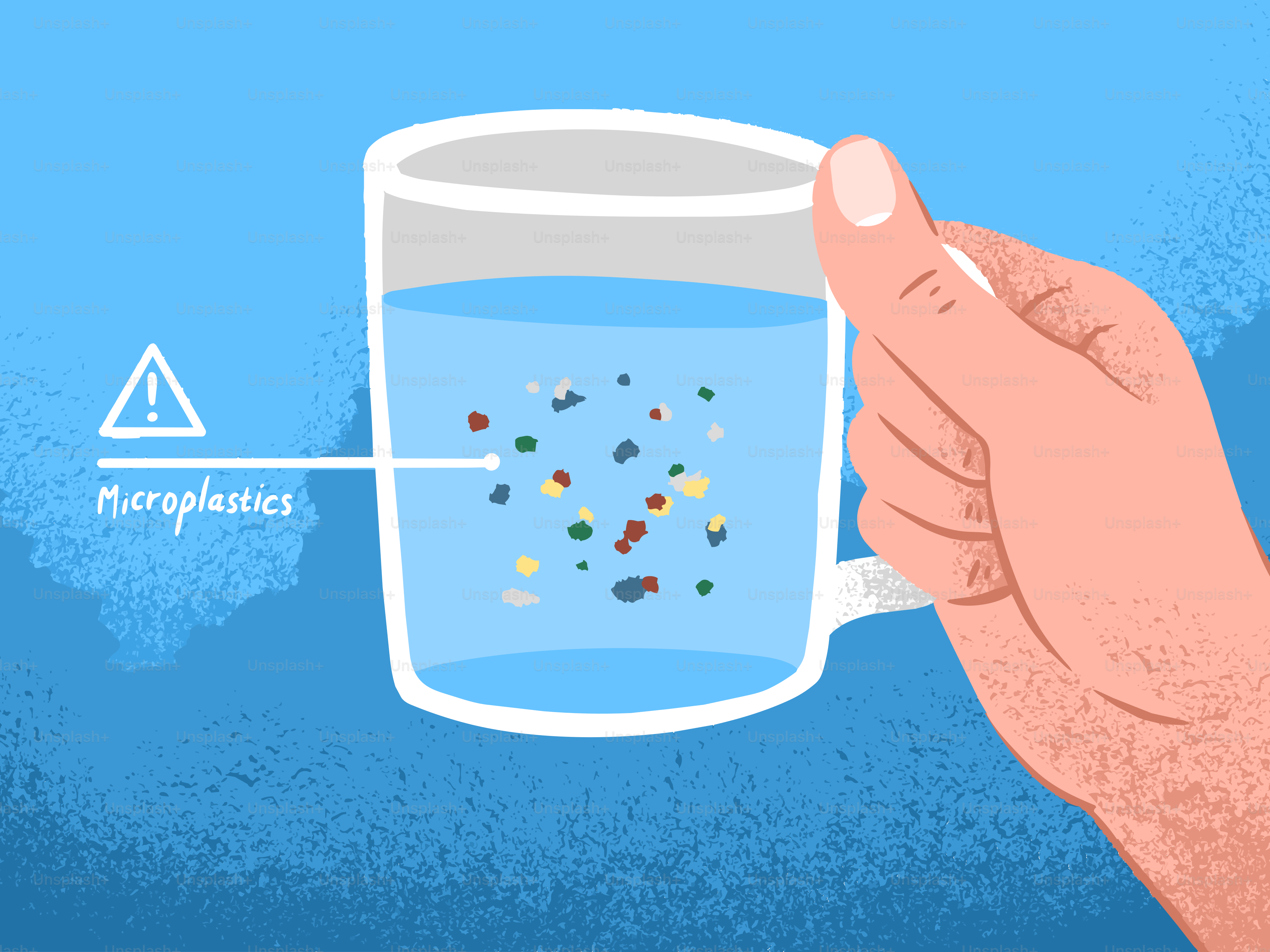 Hand holding glass of water with microplastics.