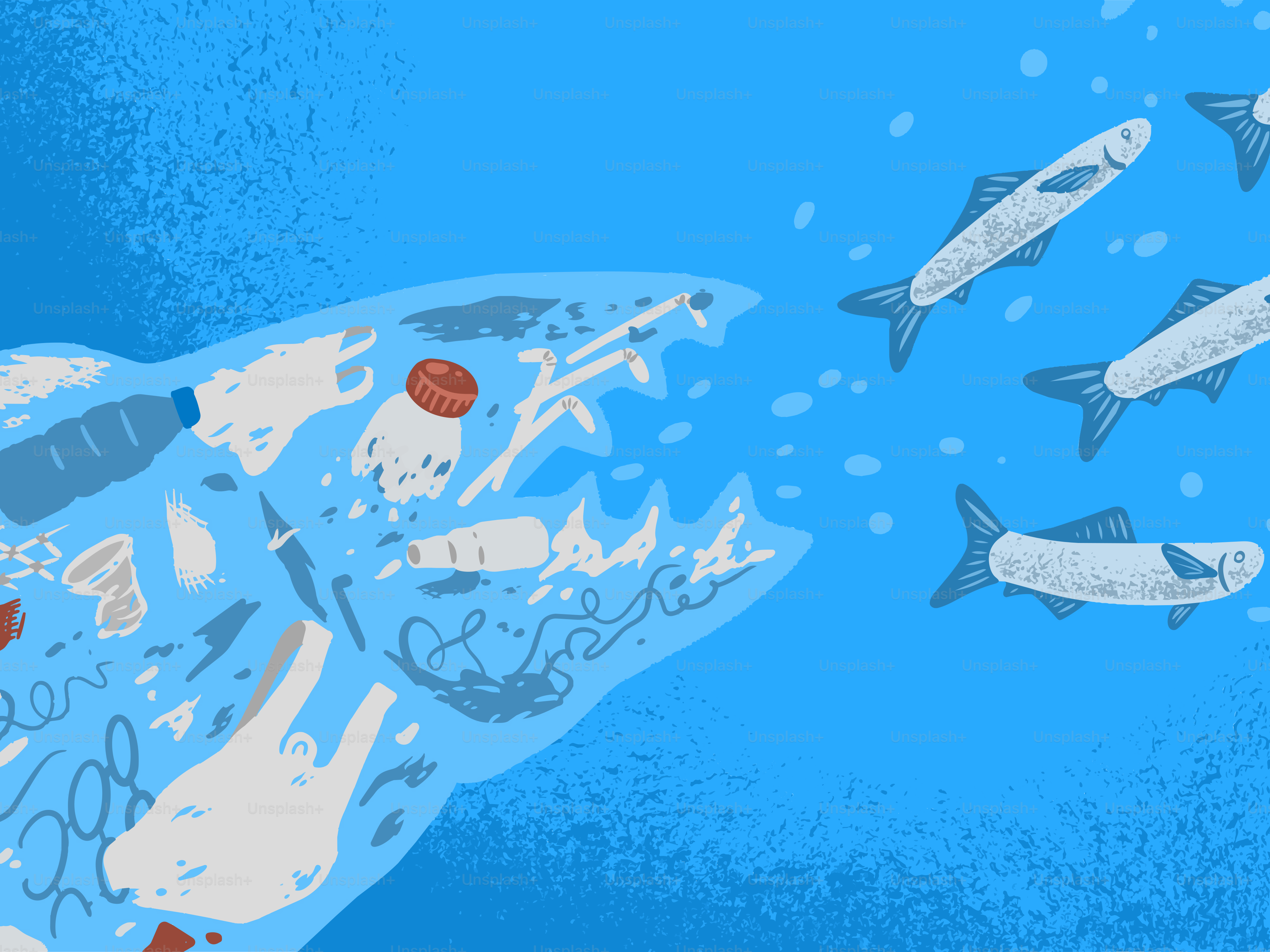 Shark made of plastic trash swims towards small fish