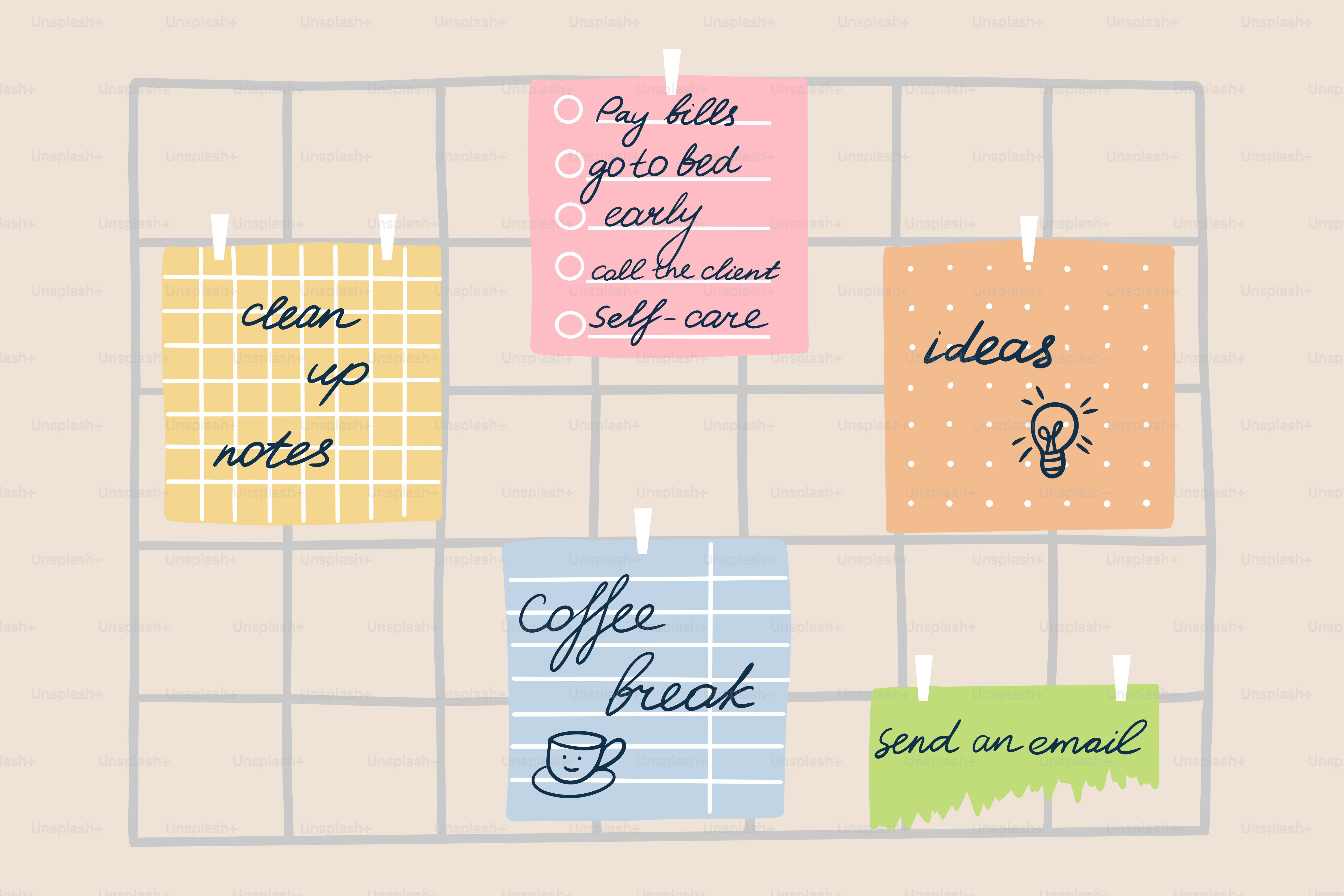 Post-its con tareas e ideas en una pizarra cuadrícula