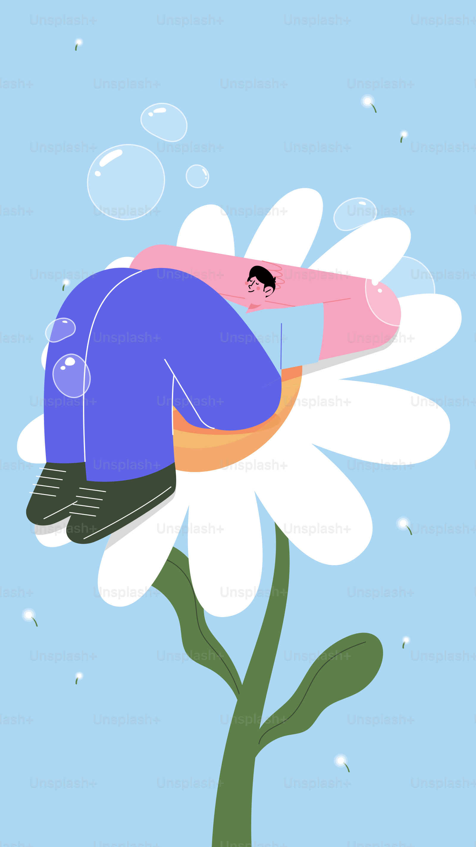 거품이 있는 큰 데이지 위에 웅크리고 있는 사람.