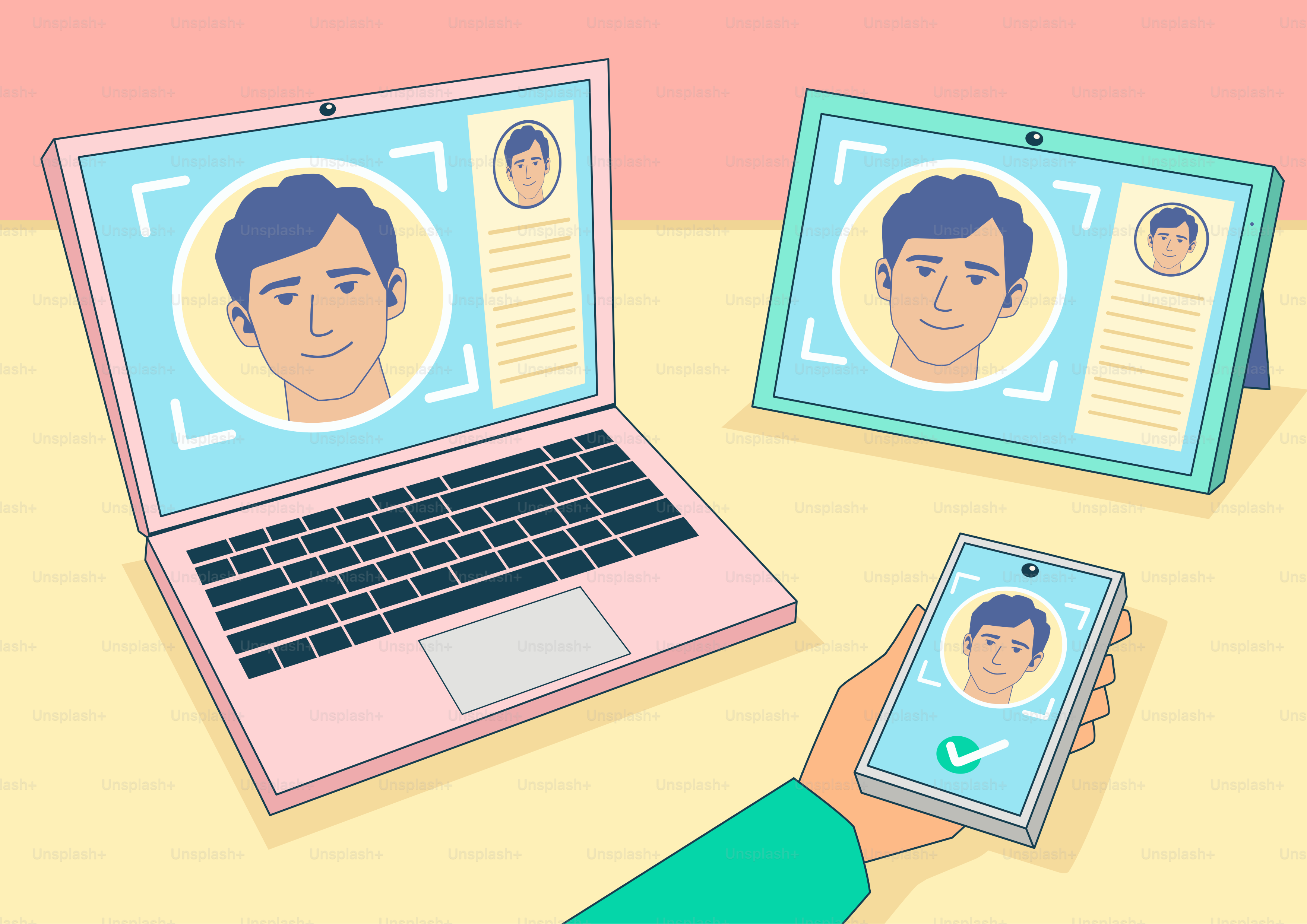 Das Gesicht des Mannes wurde auf Laptop, Handy und Rahmen gescannt.