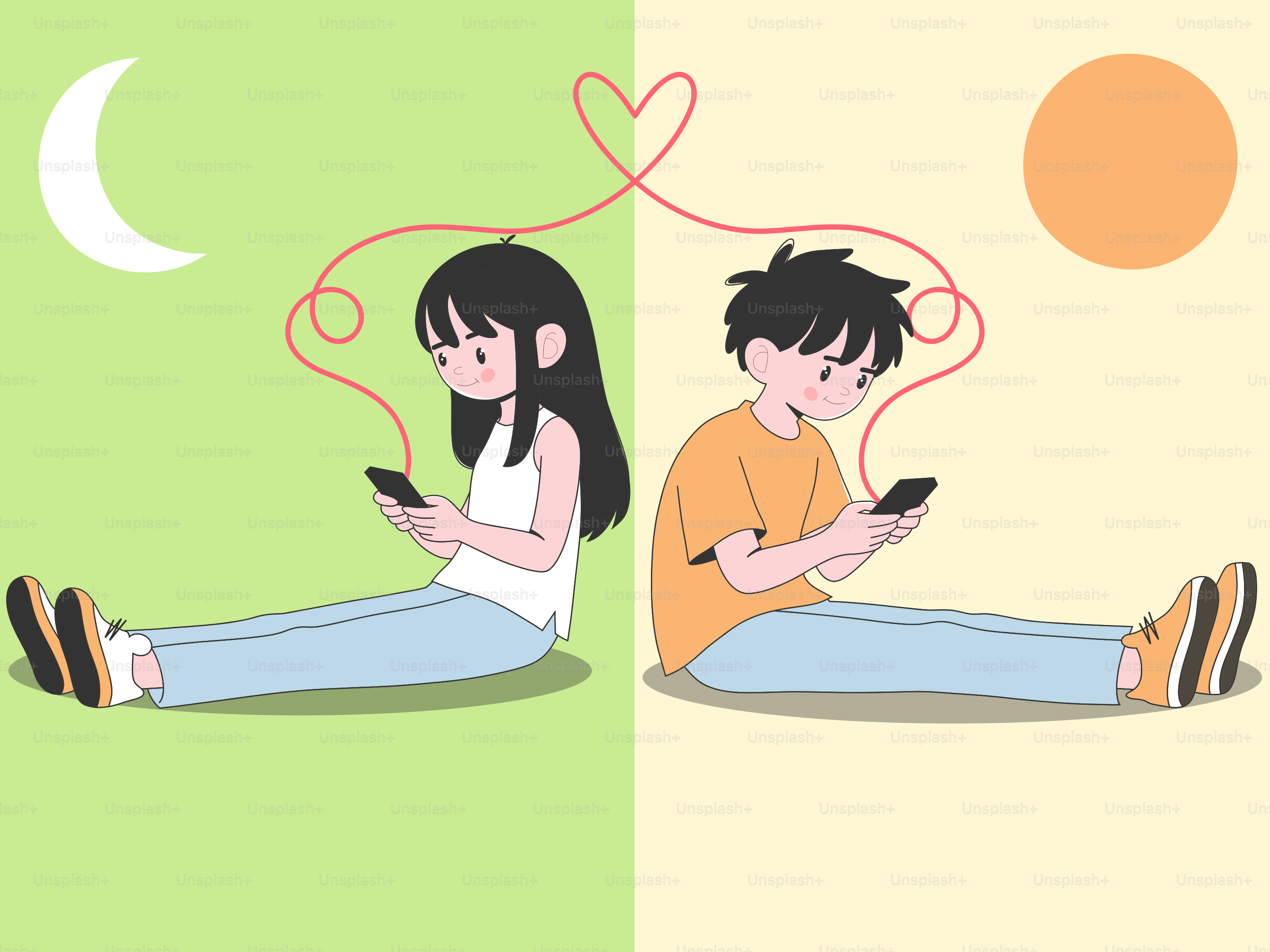 전화로 빨간 실로 연결된 커플