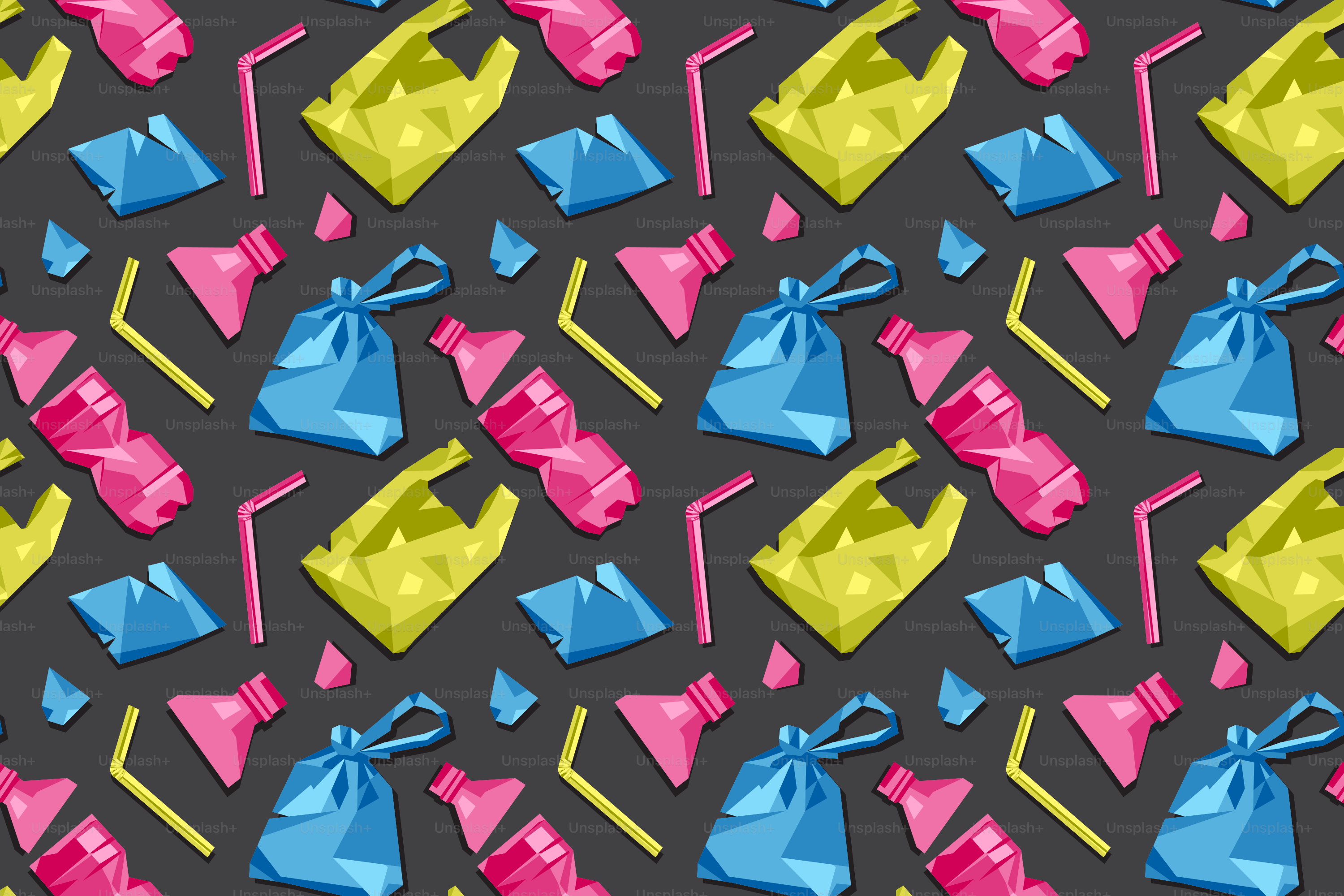 Motif coloré de déchets plastiques sur fond sombre