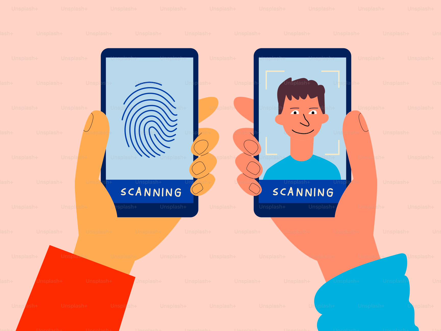 휴대폰을 들고 있는 손에는 지문과 얼굴 인식이 드러난다