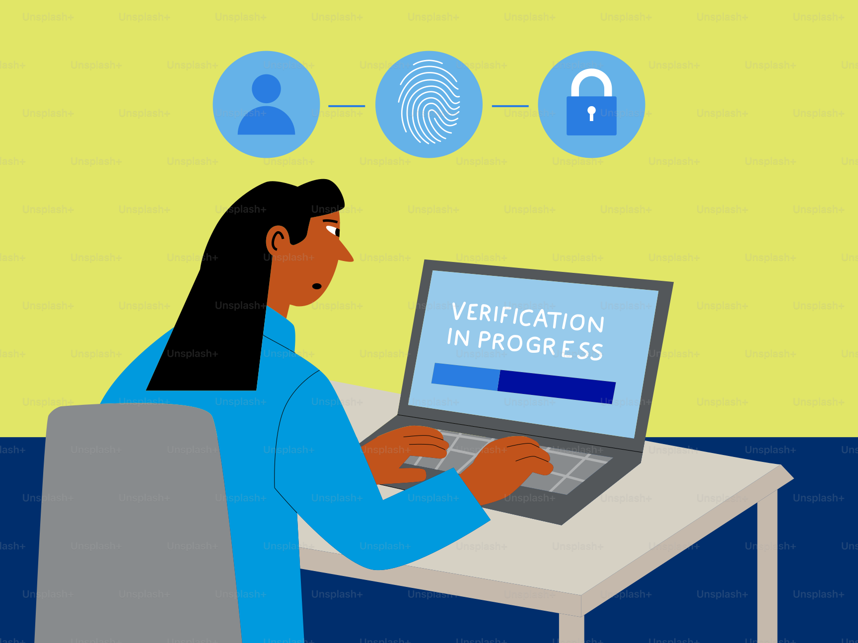 Une personne vérifiant son identité sur un ordinateur portable avec une barre de progression.
