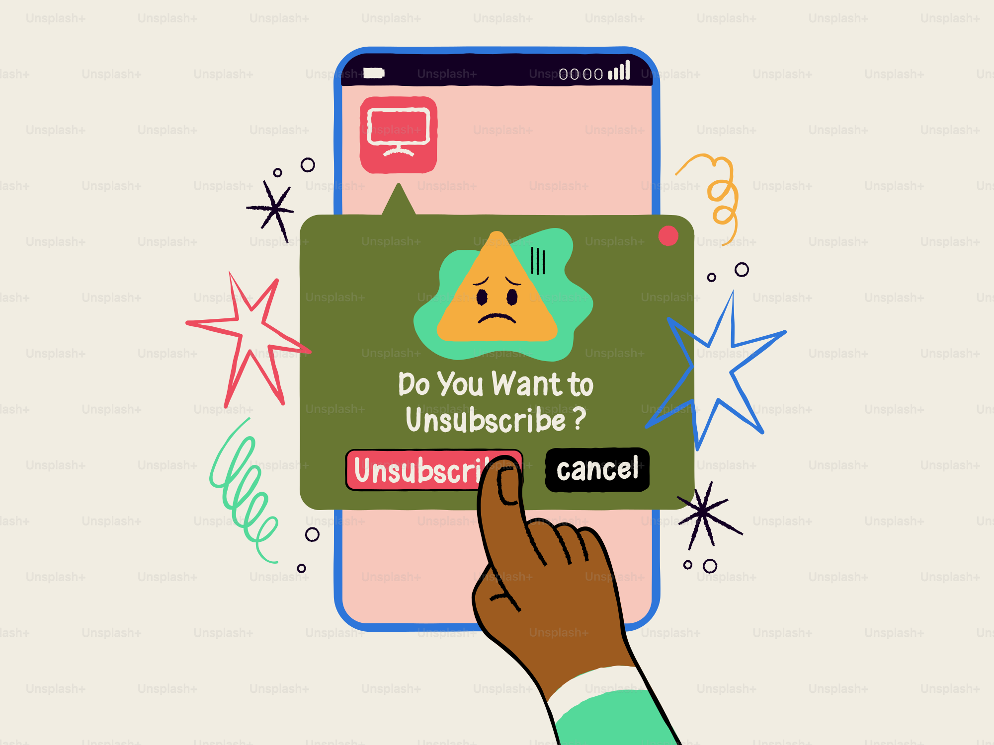 Handdrücke auf den Abmeldeknopf auf dem Handbildschirm.