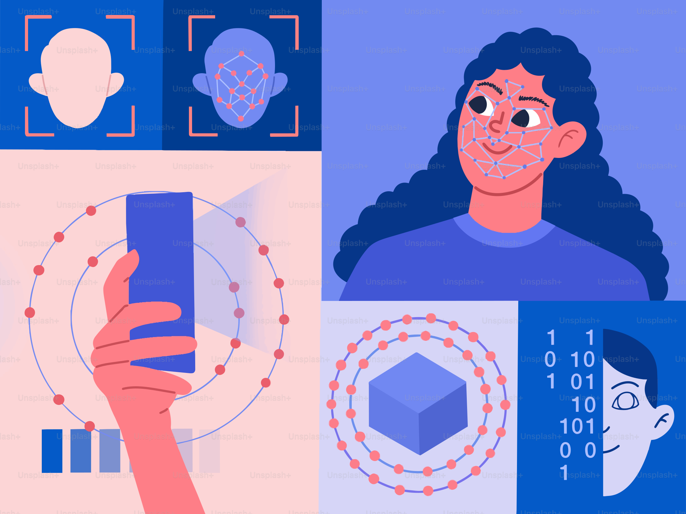 Teknologi pengenalan wajah dengan data digital dan smartphone.