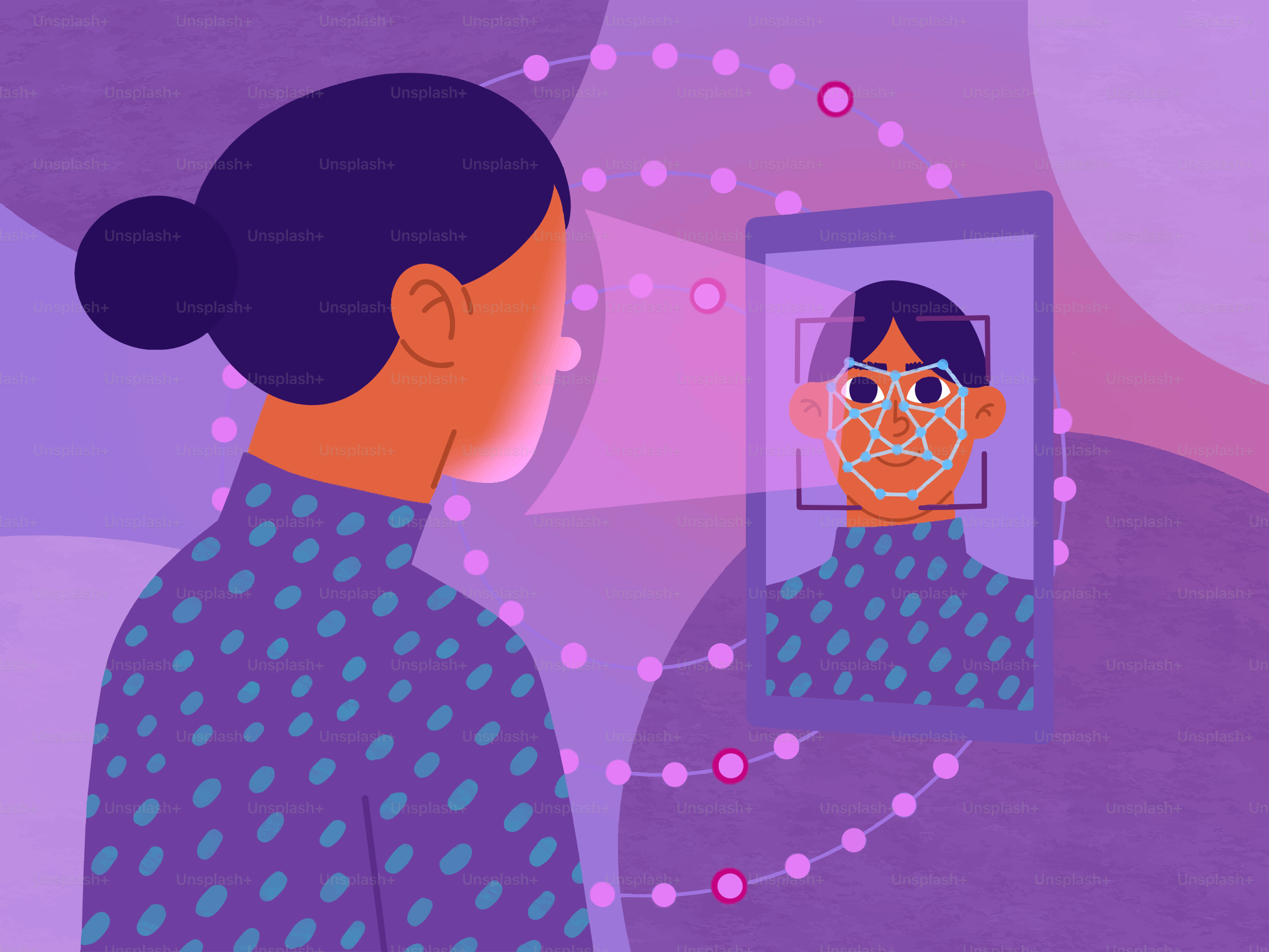 Wanita menggunakan teknologi pengenalan wajah di tablet