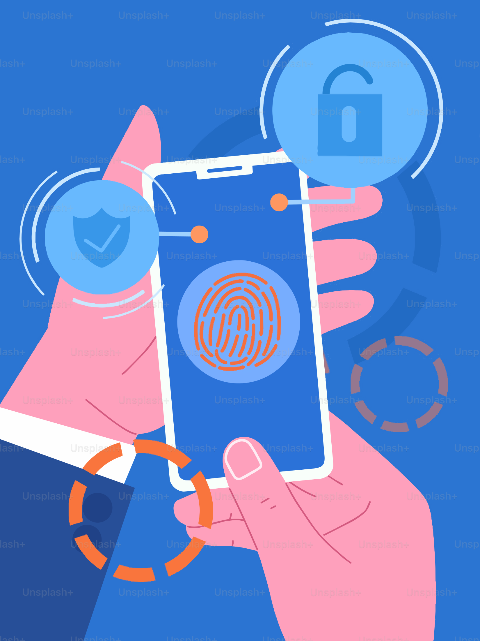 Keamanan smartphone dengan ikon sidik jari dan buka kunci.