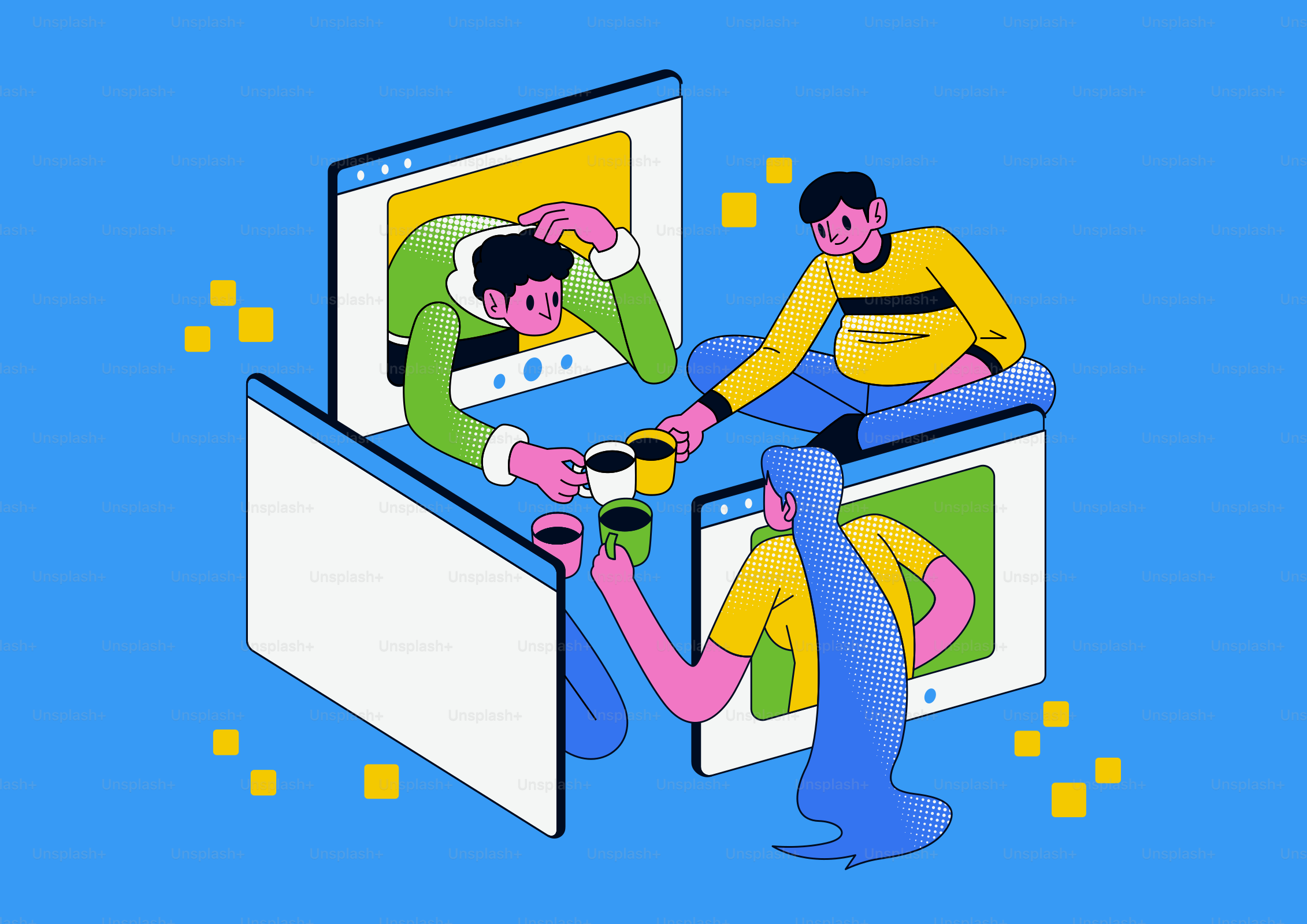 Menschen, die sich virtuell treffen und Kaffee teilen