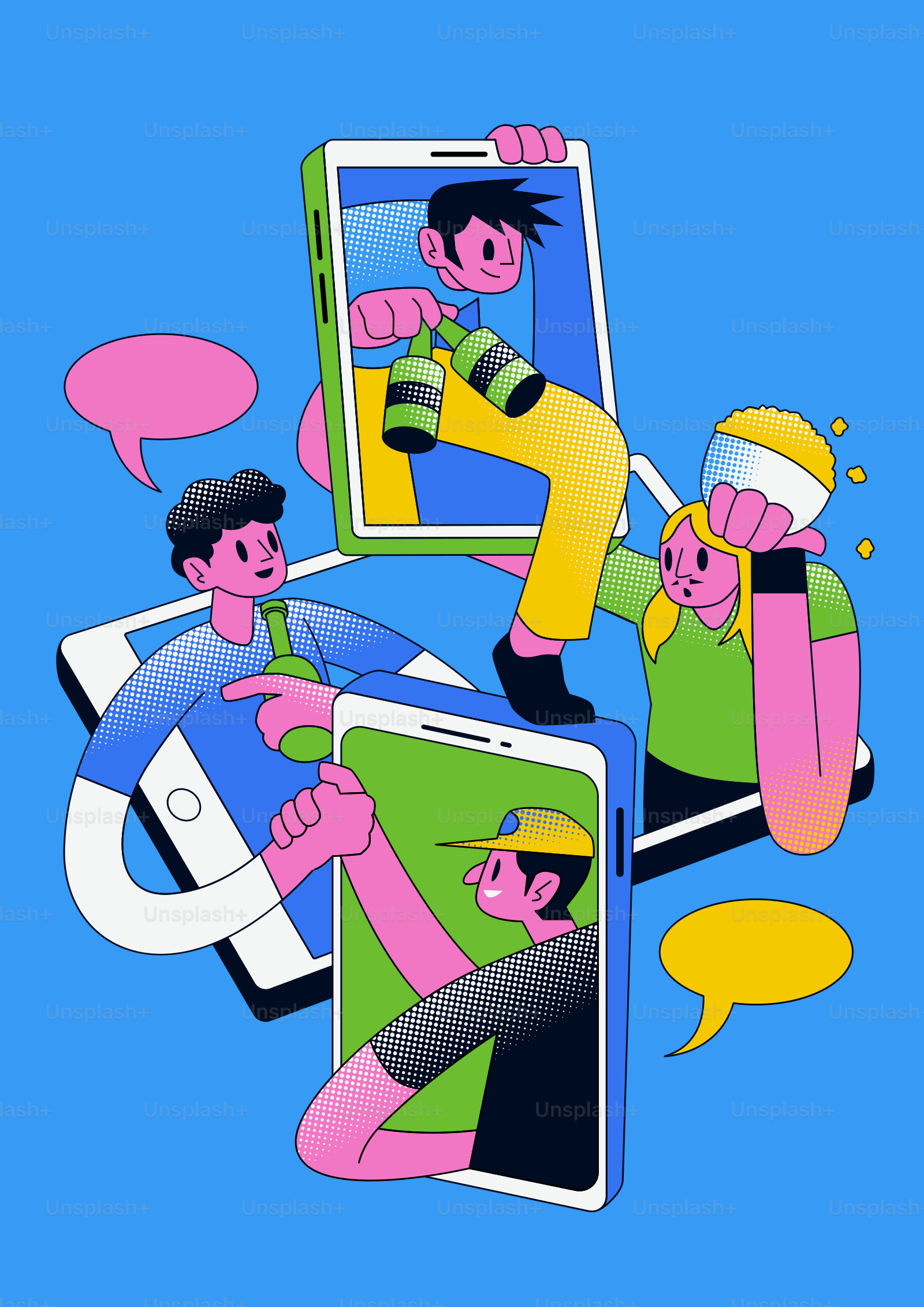 Menschen, die über Smartphones mit Flaschen und Sprechblasen interagieren