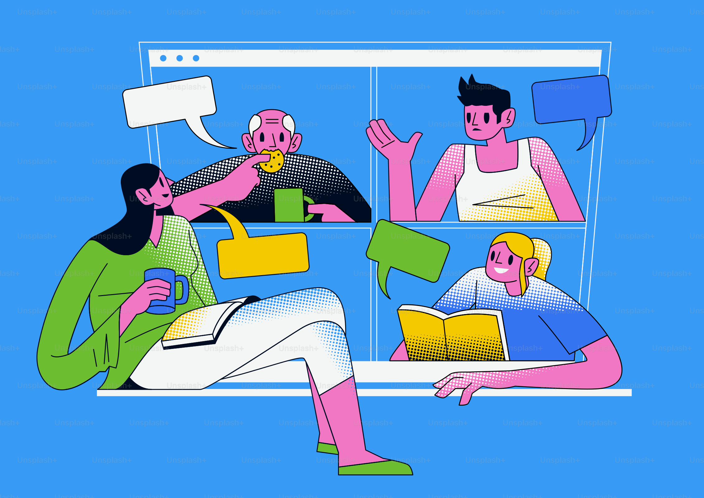 Menschen in einem Videoanruf mit Sprechblasen