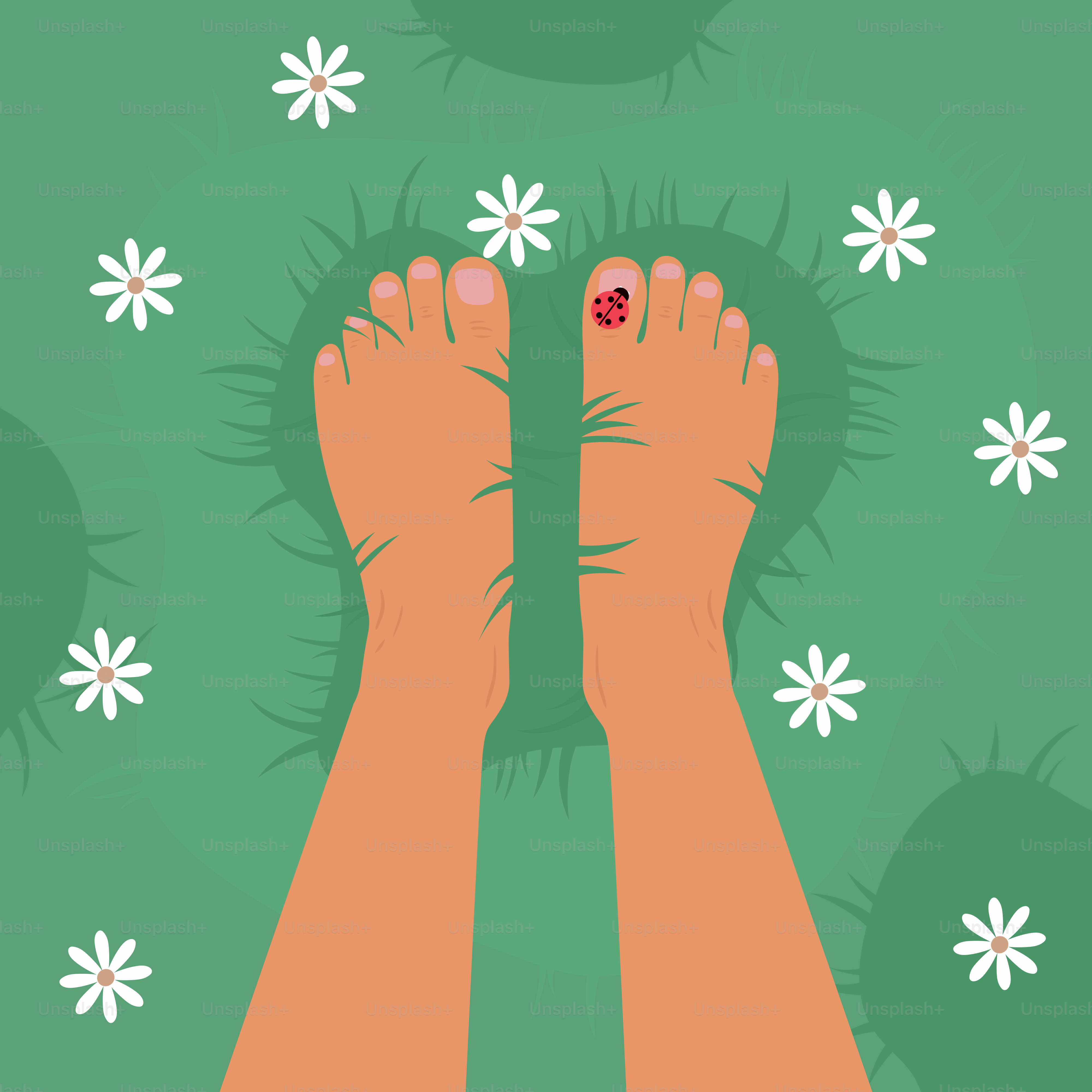 Bare feet with a ladybug on a grassy field.