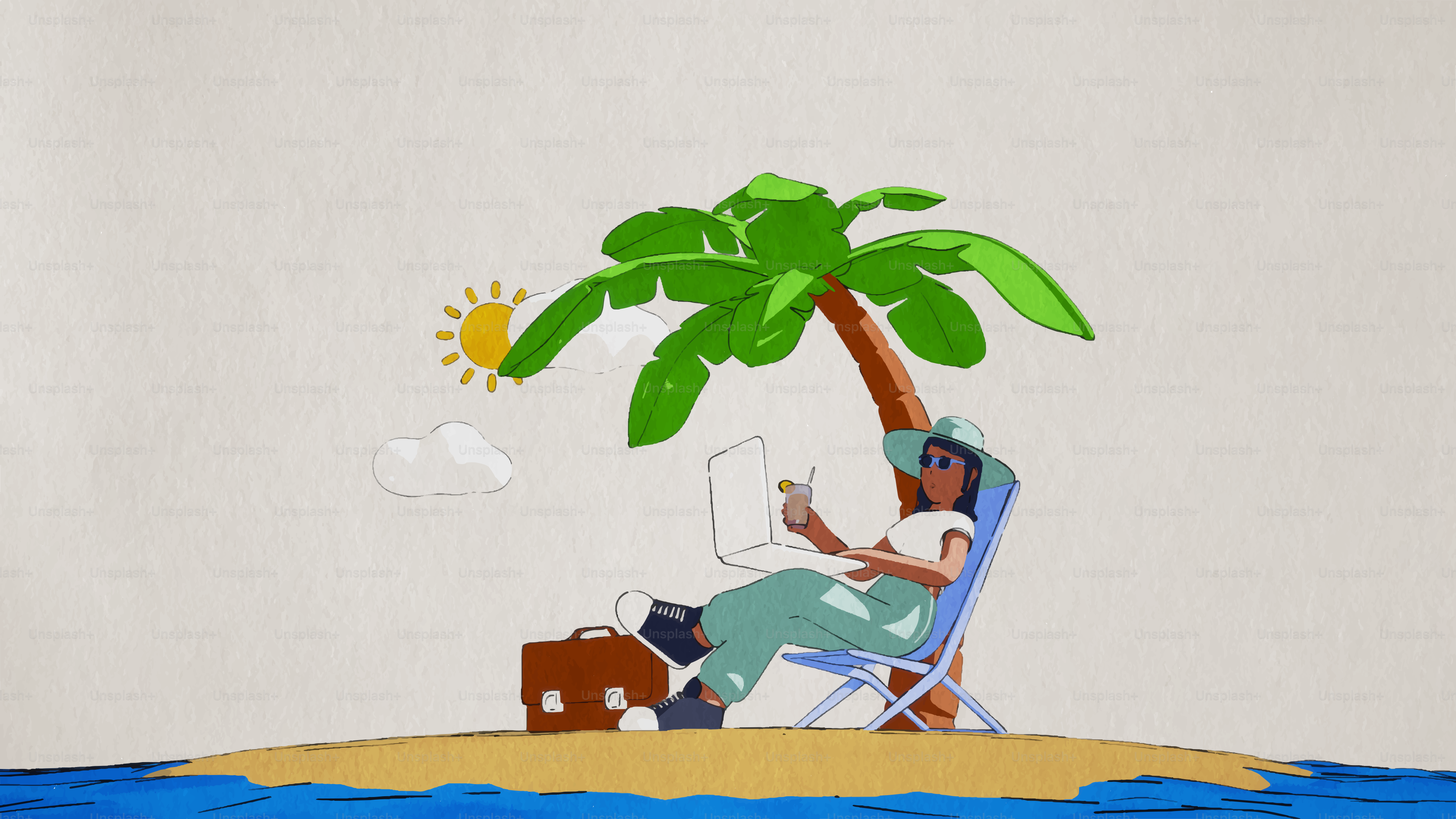 Person working on laptop under palm tree on island.