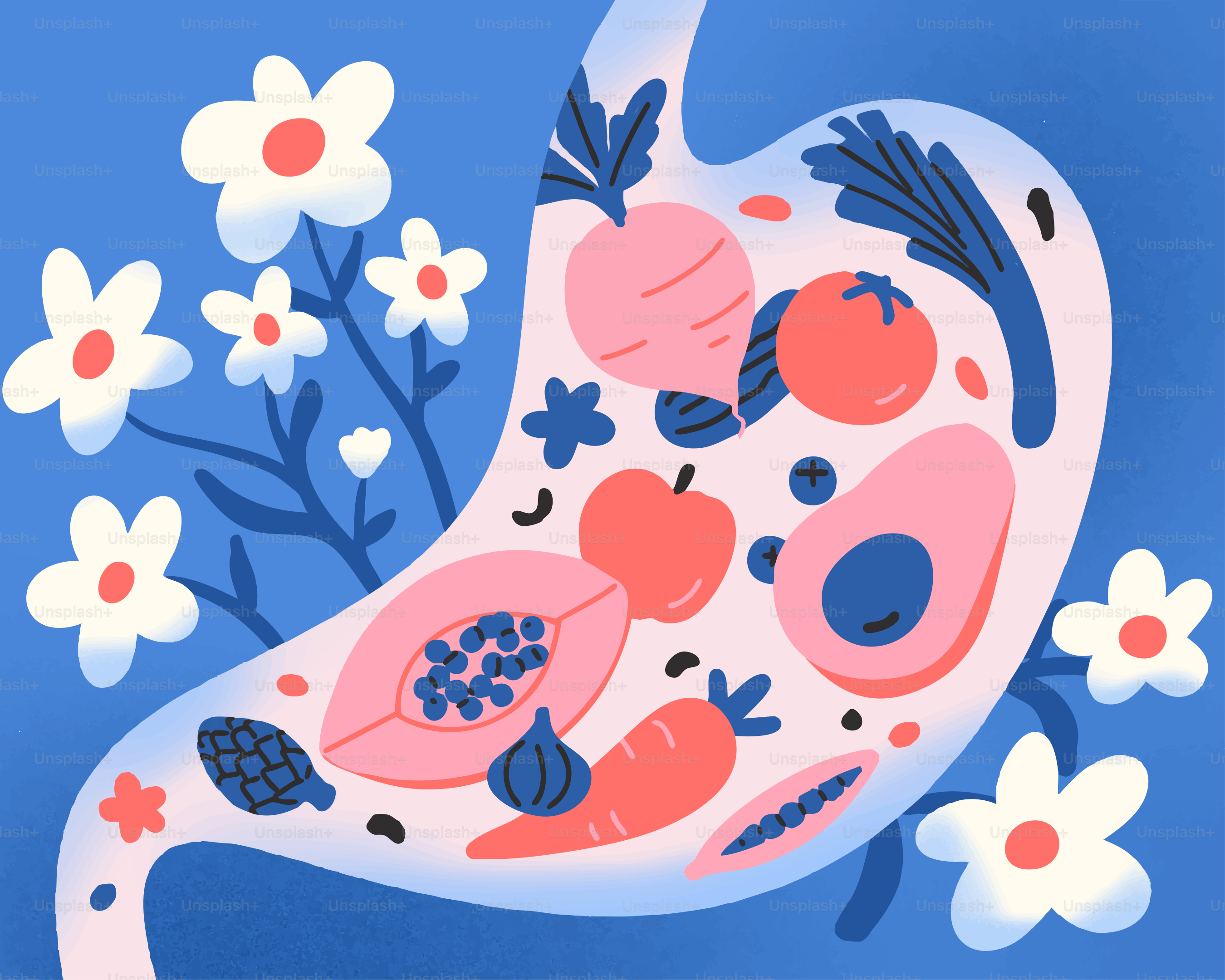 Stomach filled with healthy fruits and vegetables